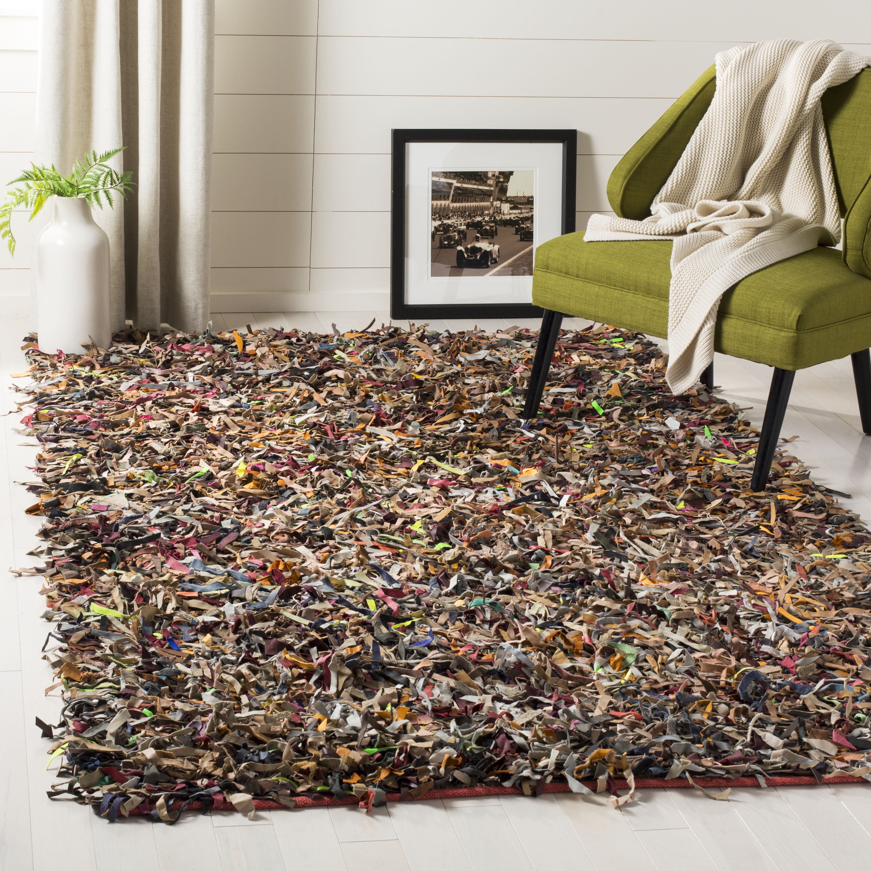 Multi-Color Hand-Knotted Leather Shag Rug, 3' x 5'
