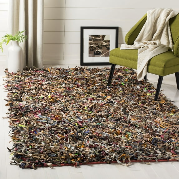 SAFAVIEH Mariam Leather Shag Area Rug, Multi, 6' x 6' Square
