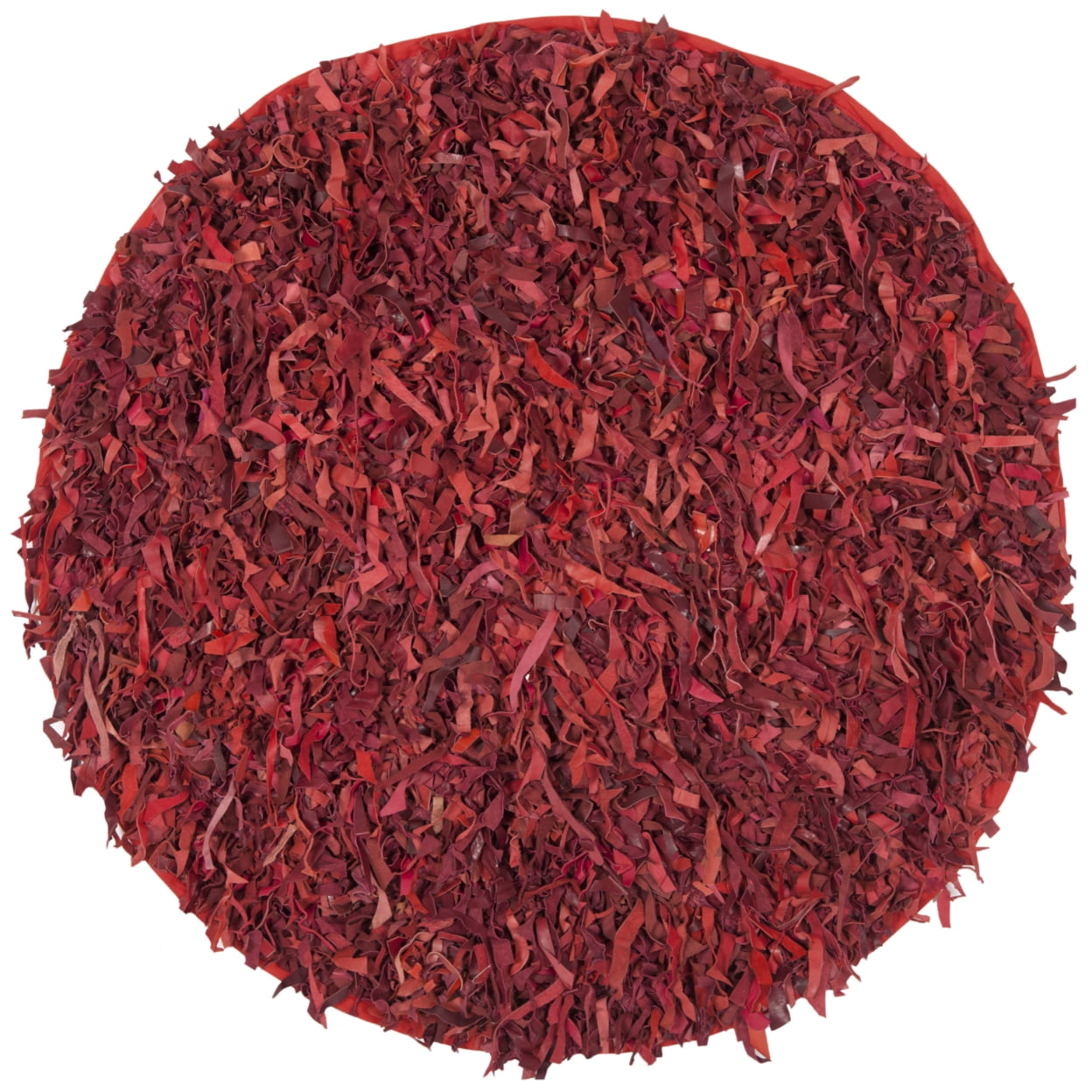 Red Round Hand-Knotted Leather Shag Area Rug