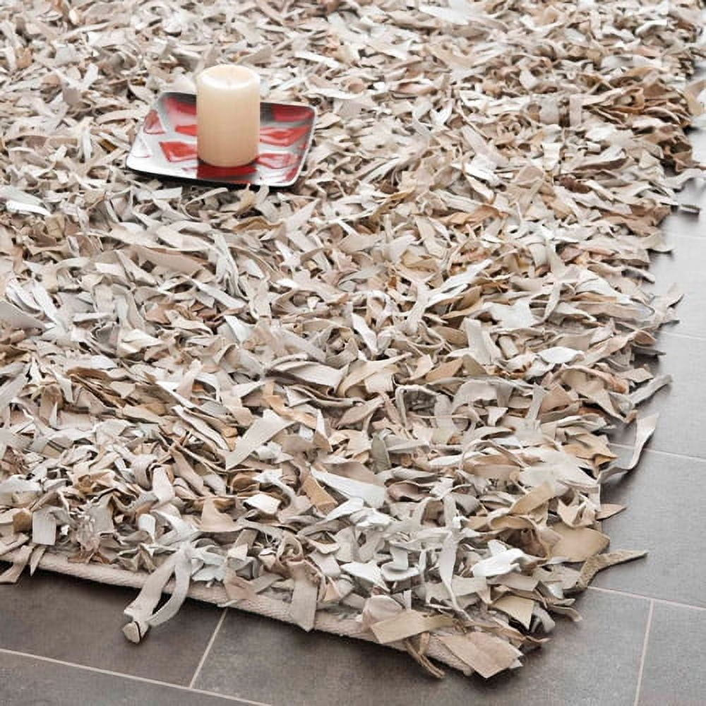 White Hand-Knotted Leather Shag Area Rug, 3' x 5'