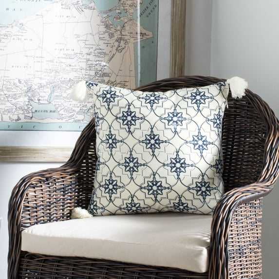 SAFAVIEH Mariella 16" x 16" Geometric Plush Pillow with Fringe, White/Blue