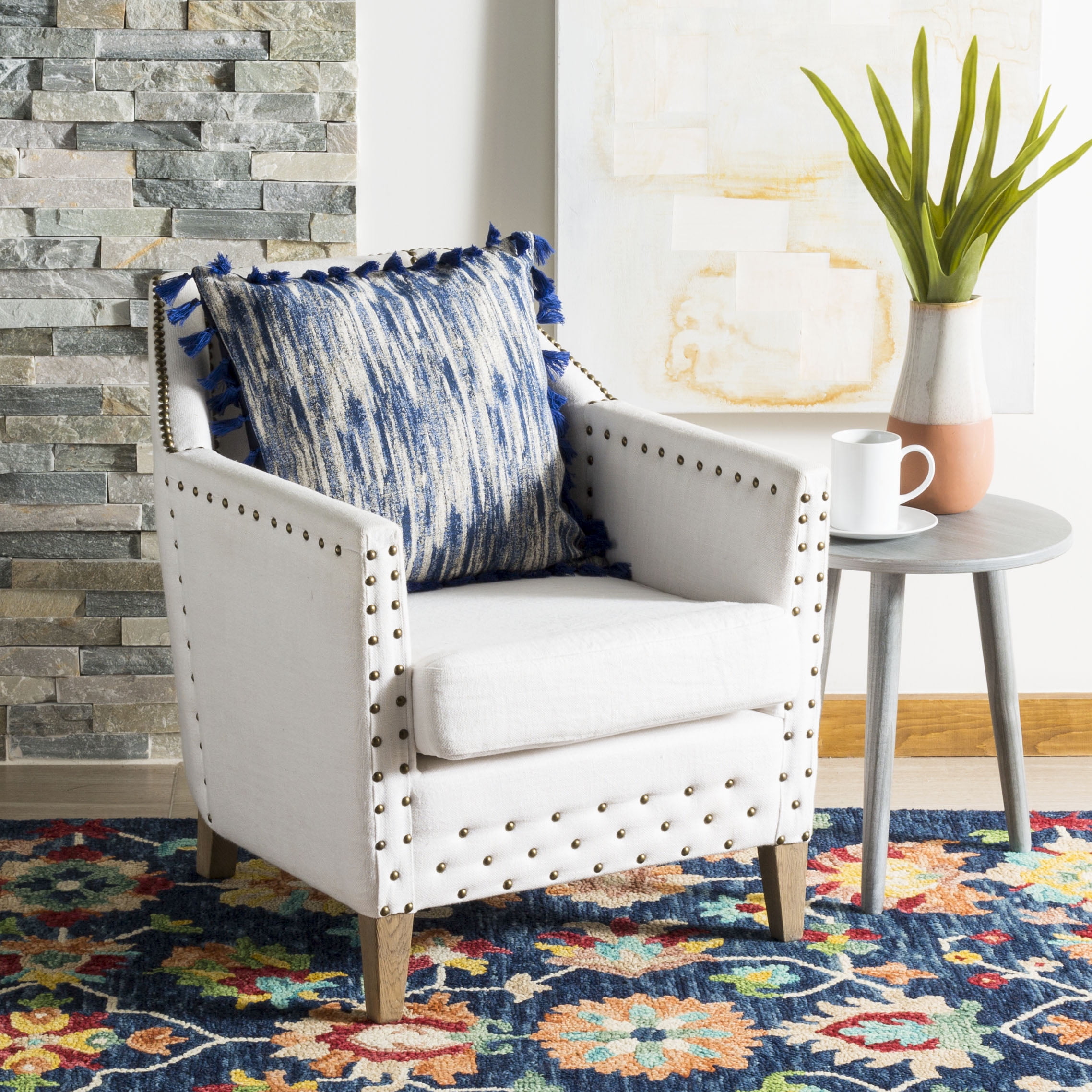 Blue and Cream Abstract Tassel Throw Pillow