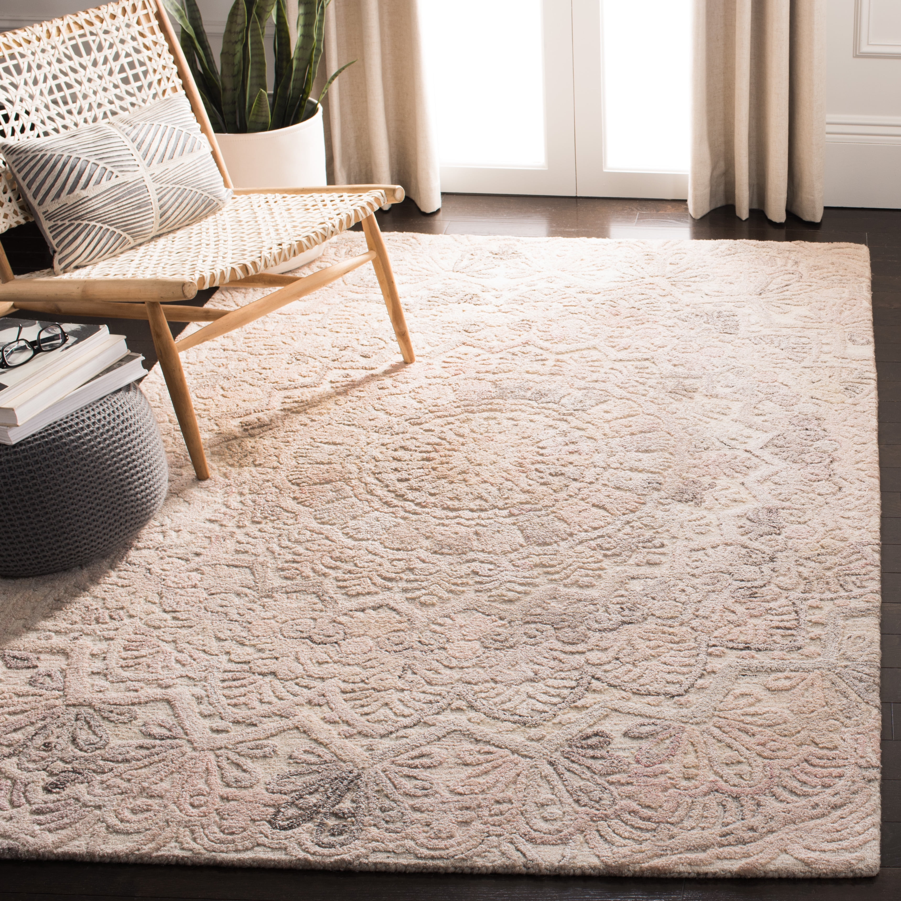 Ivory and Beige Hand-Tufted Square Wool Rug, 6' x 6'