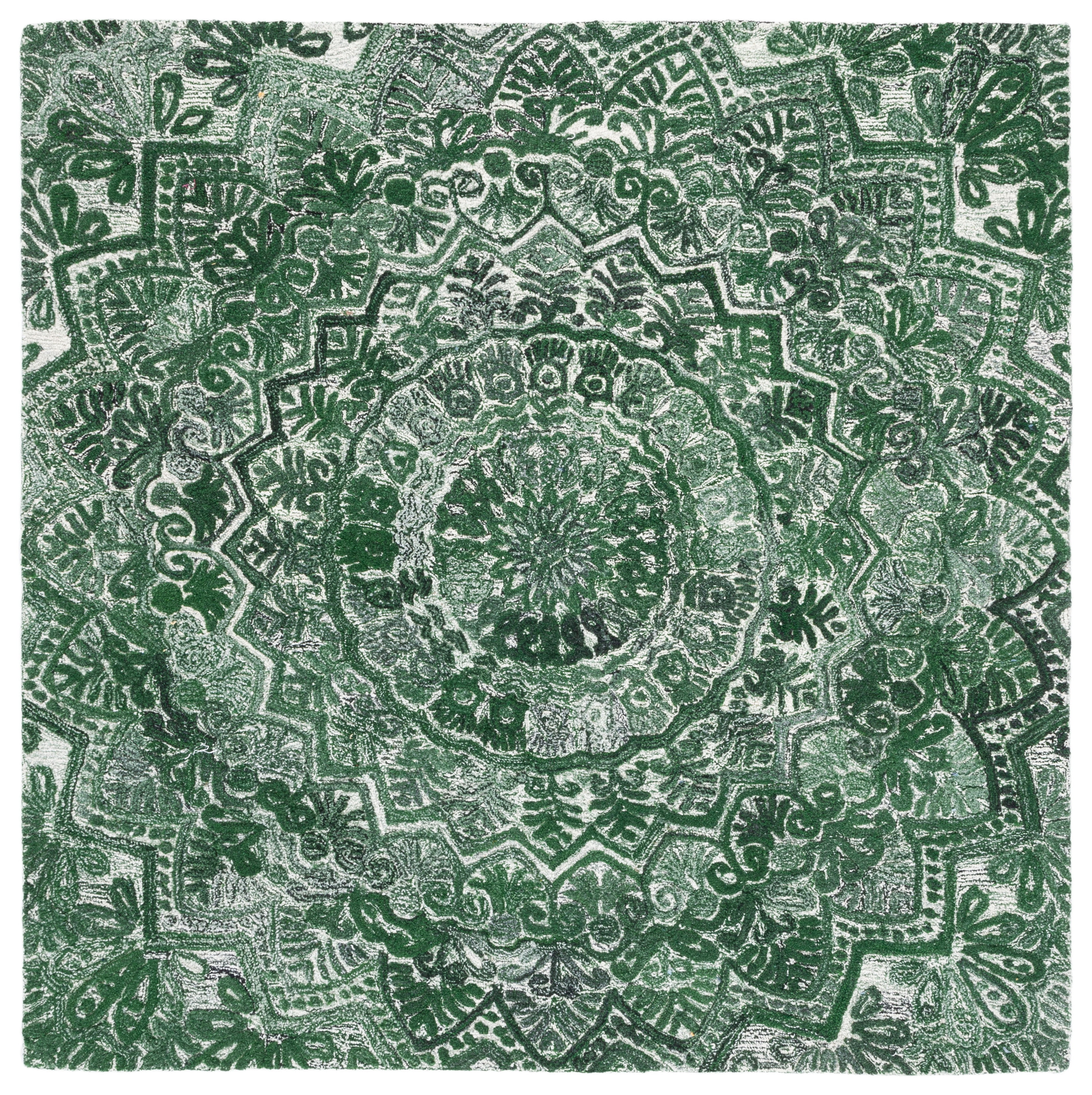 Hand-Tufted Green and Ivory Wool Square Area Rug, 4' x 4'