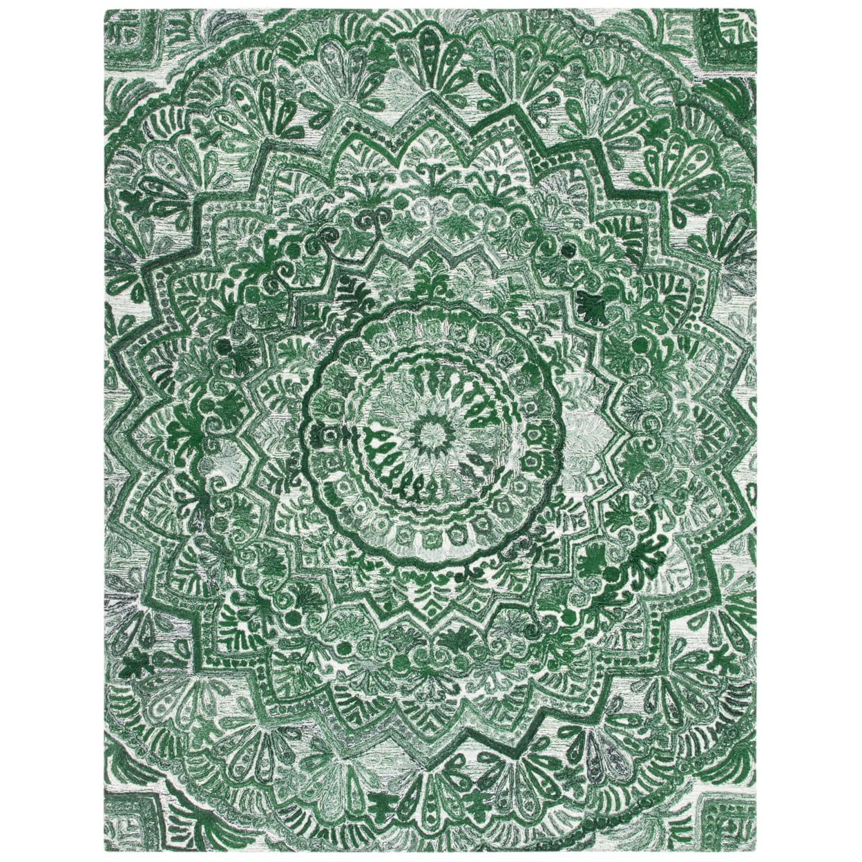 Hand-Tufted Green and Ivory Wool Mandala Area Rug, 8' x 10'