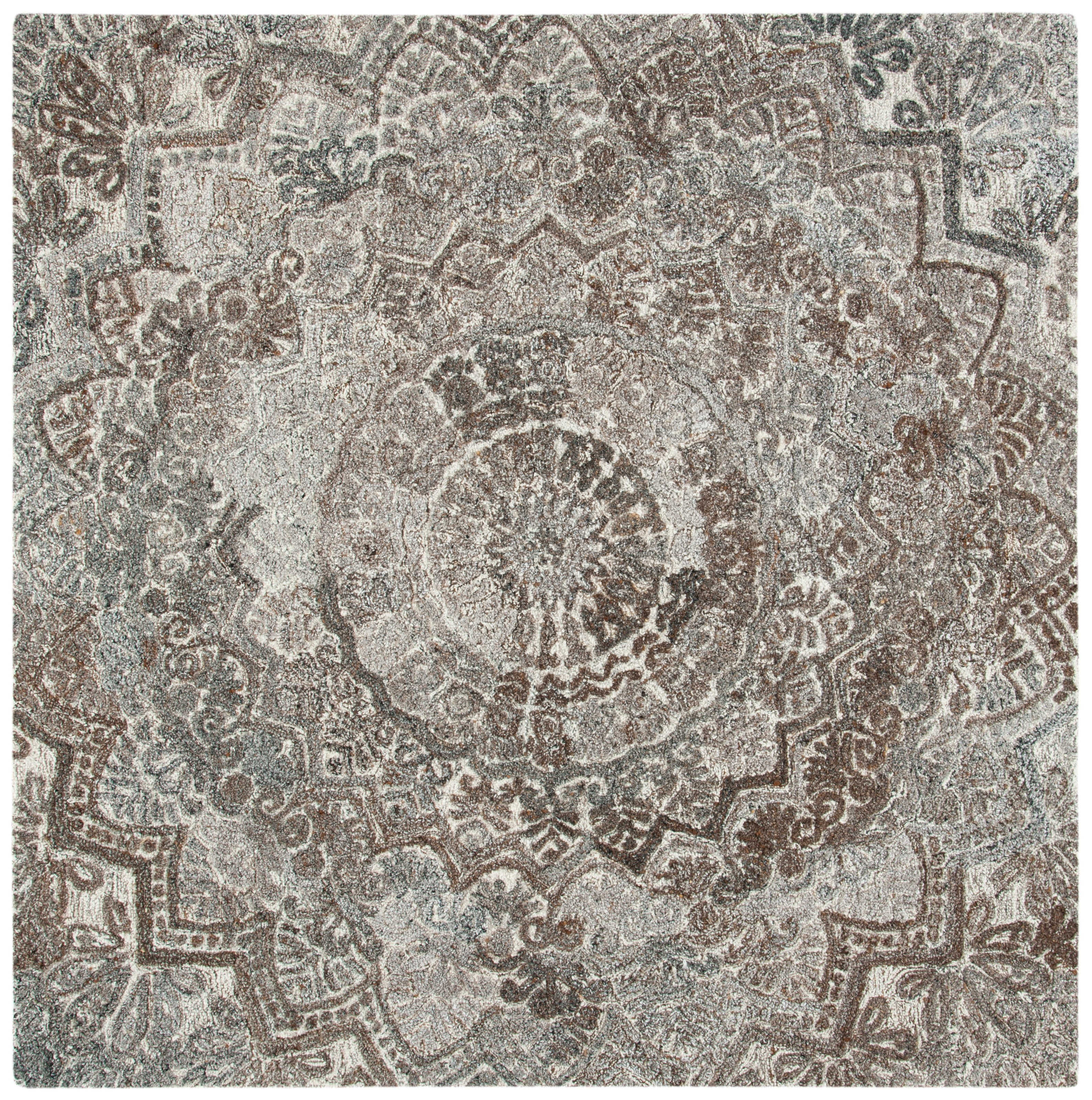 Ivory and Grey Floral Hand-Tufted Wool Square Rug