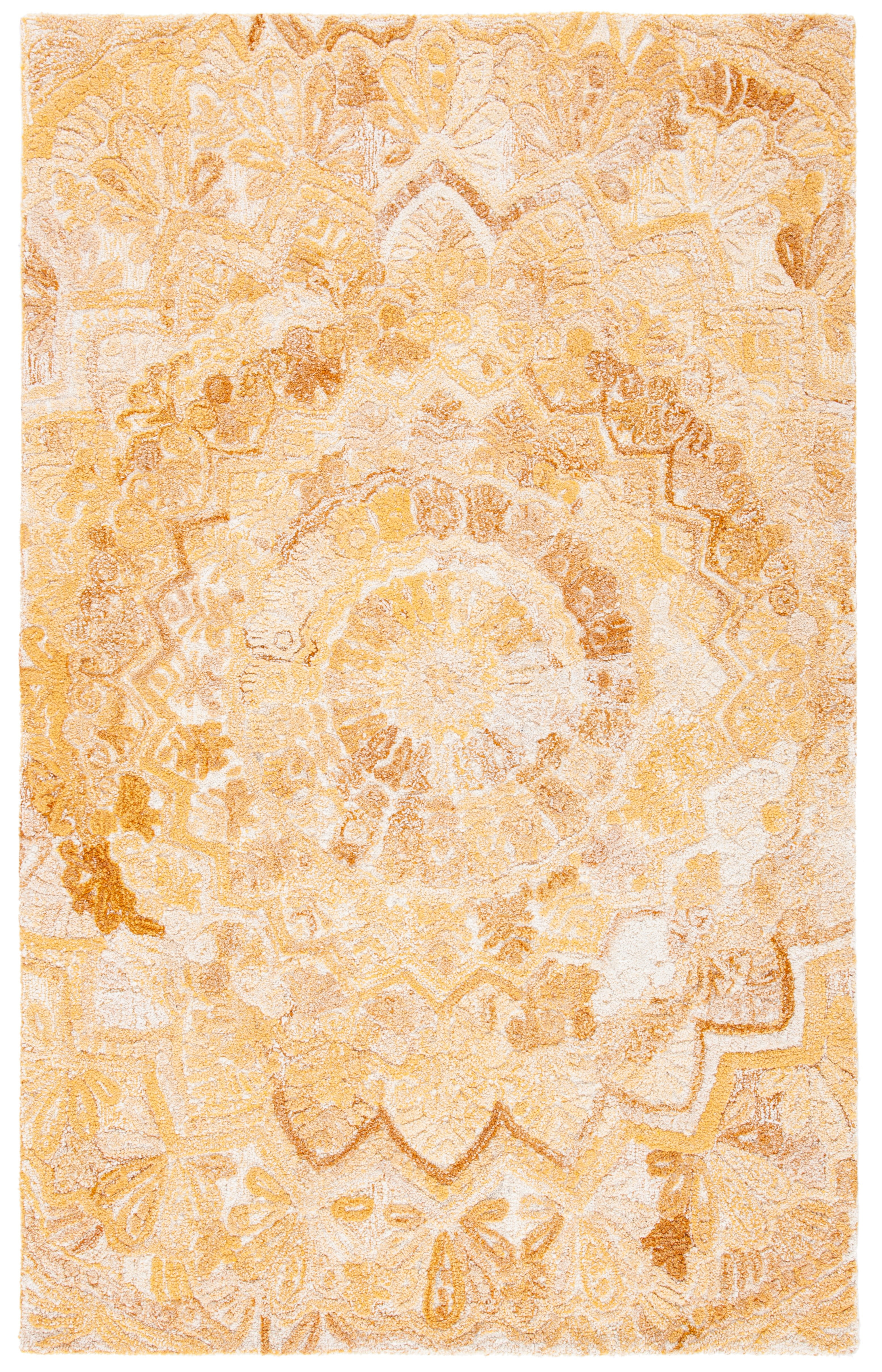 Yellow and Ivory Hand-Tufted Wool Mandala Rug, 3' x 5'