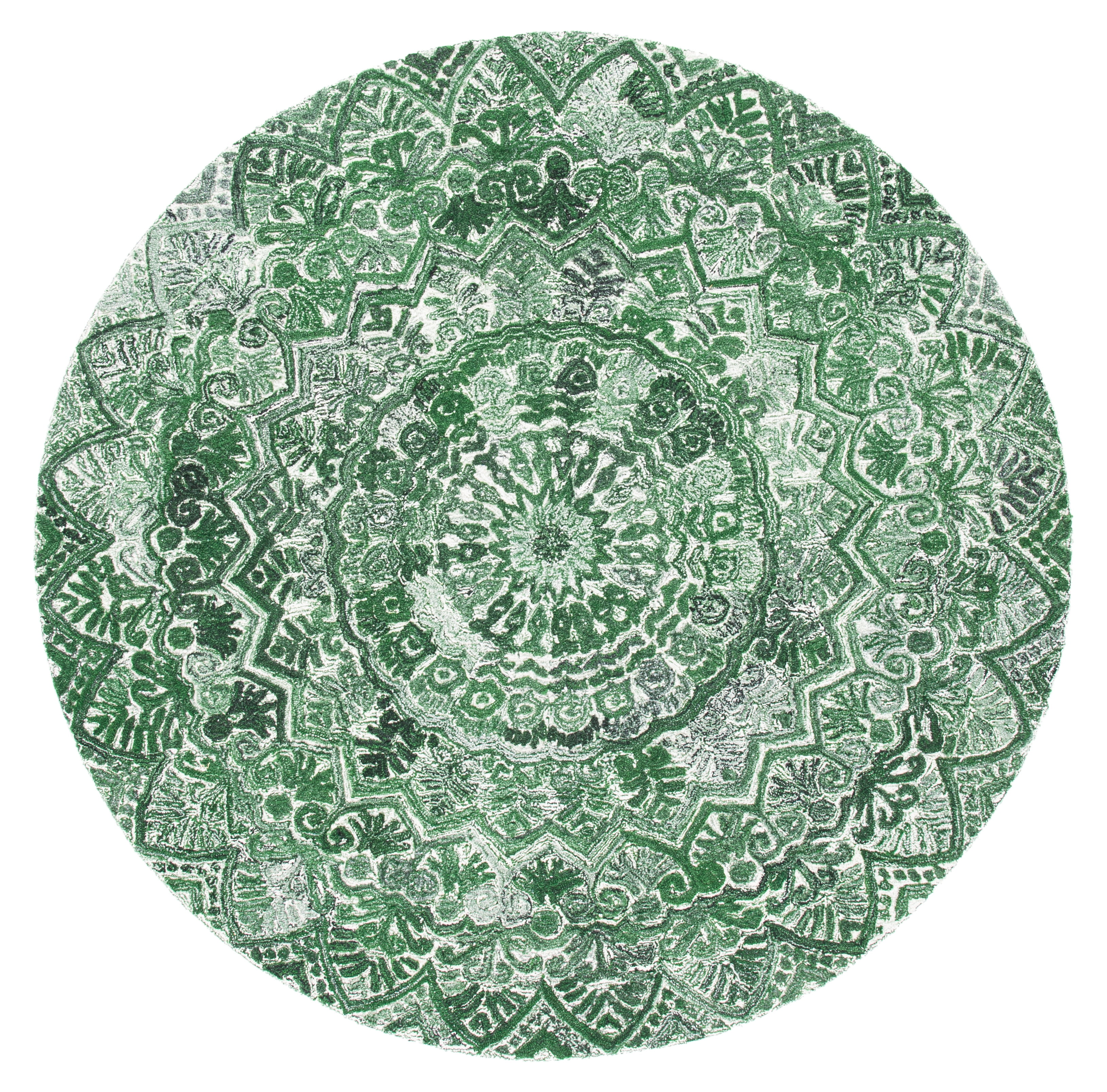 Green and Ivory Round Hand-Tufted Floral Wool Rug