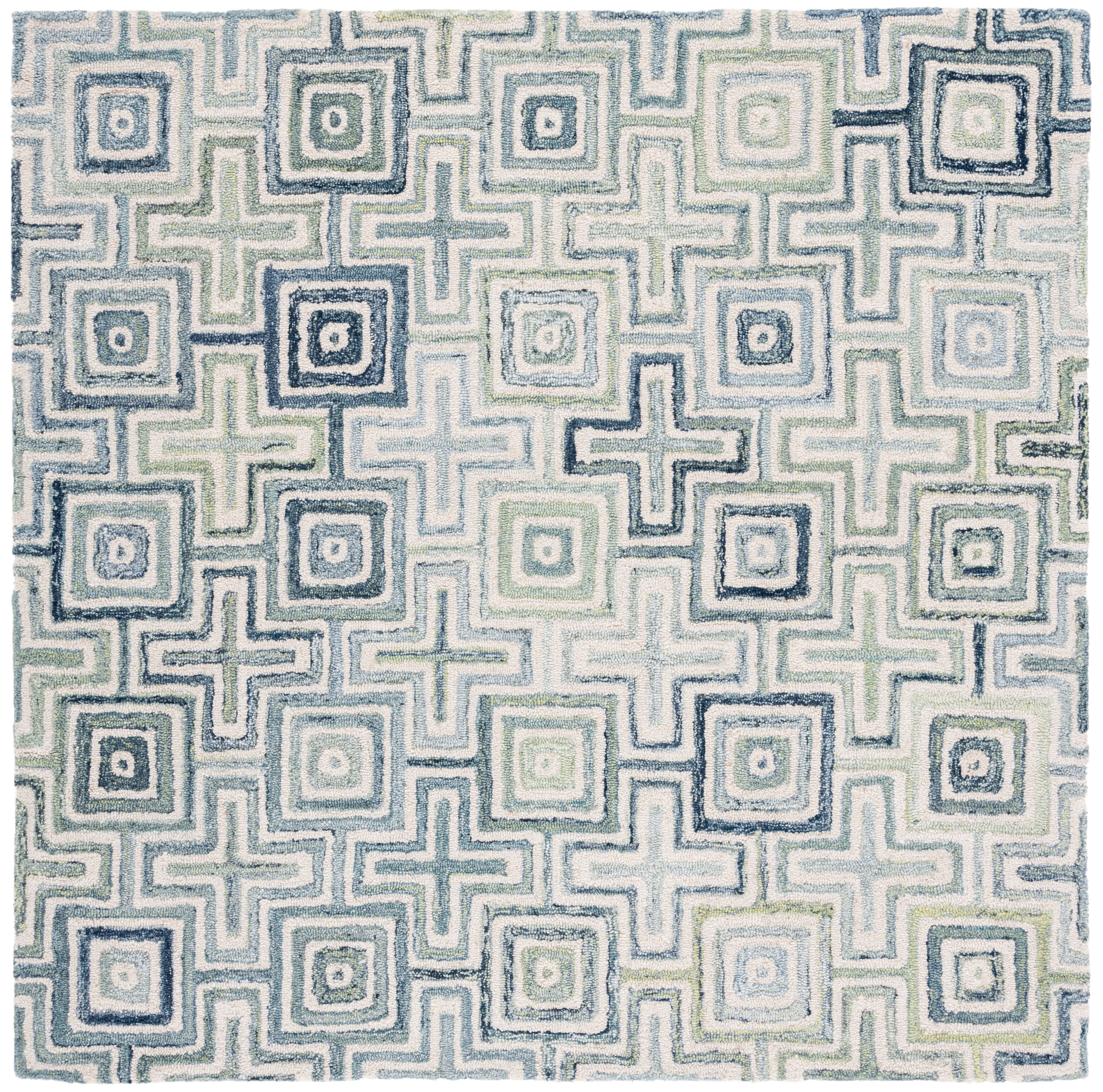Ivory and Blue Geometric Hand-Tufted Wool Area Rug, 6' x 6'