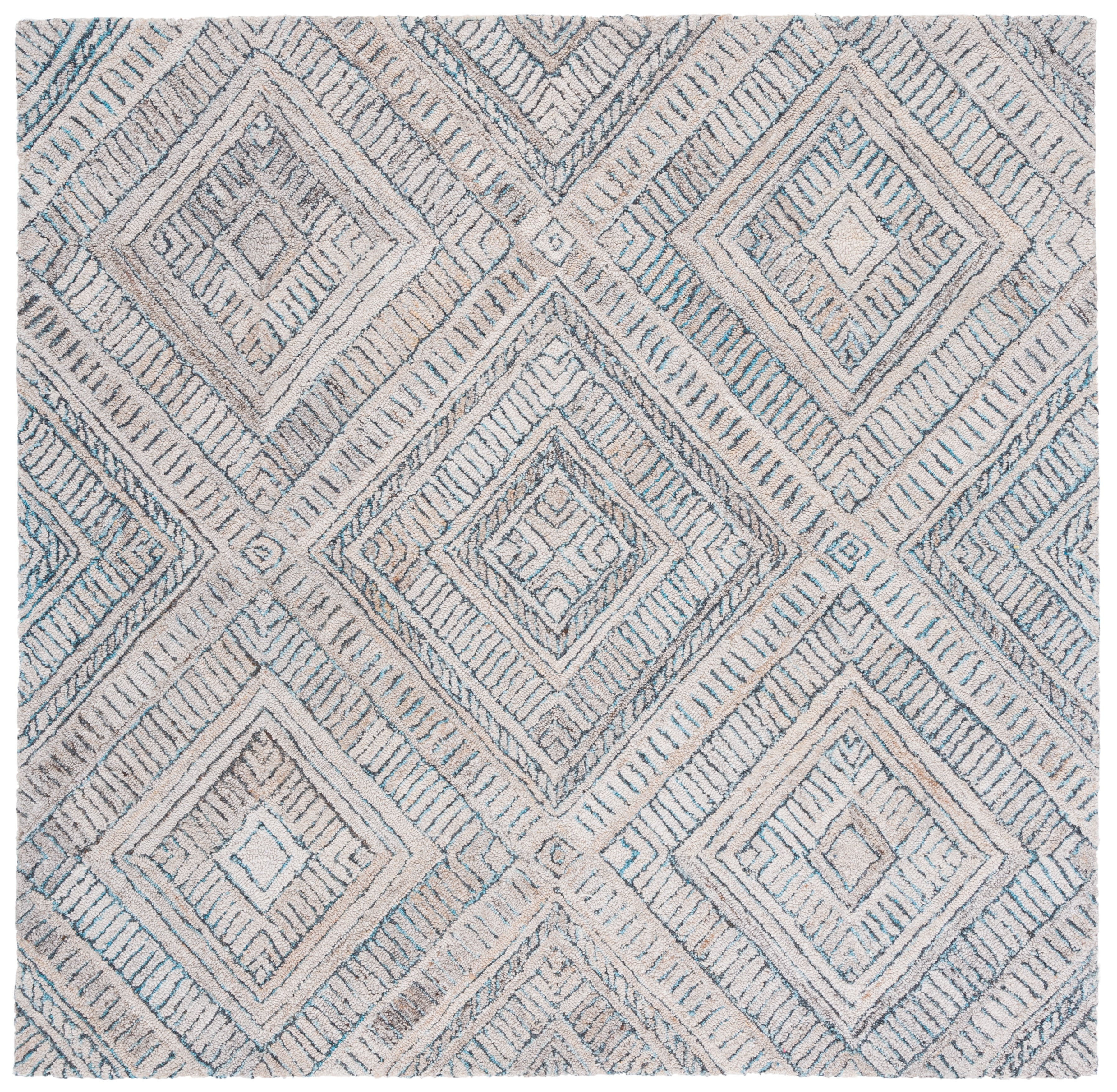 Turquoise and Beige Hand-Tufted Wool Geometric Square Rug