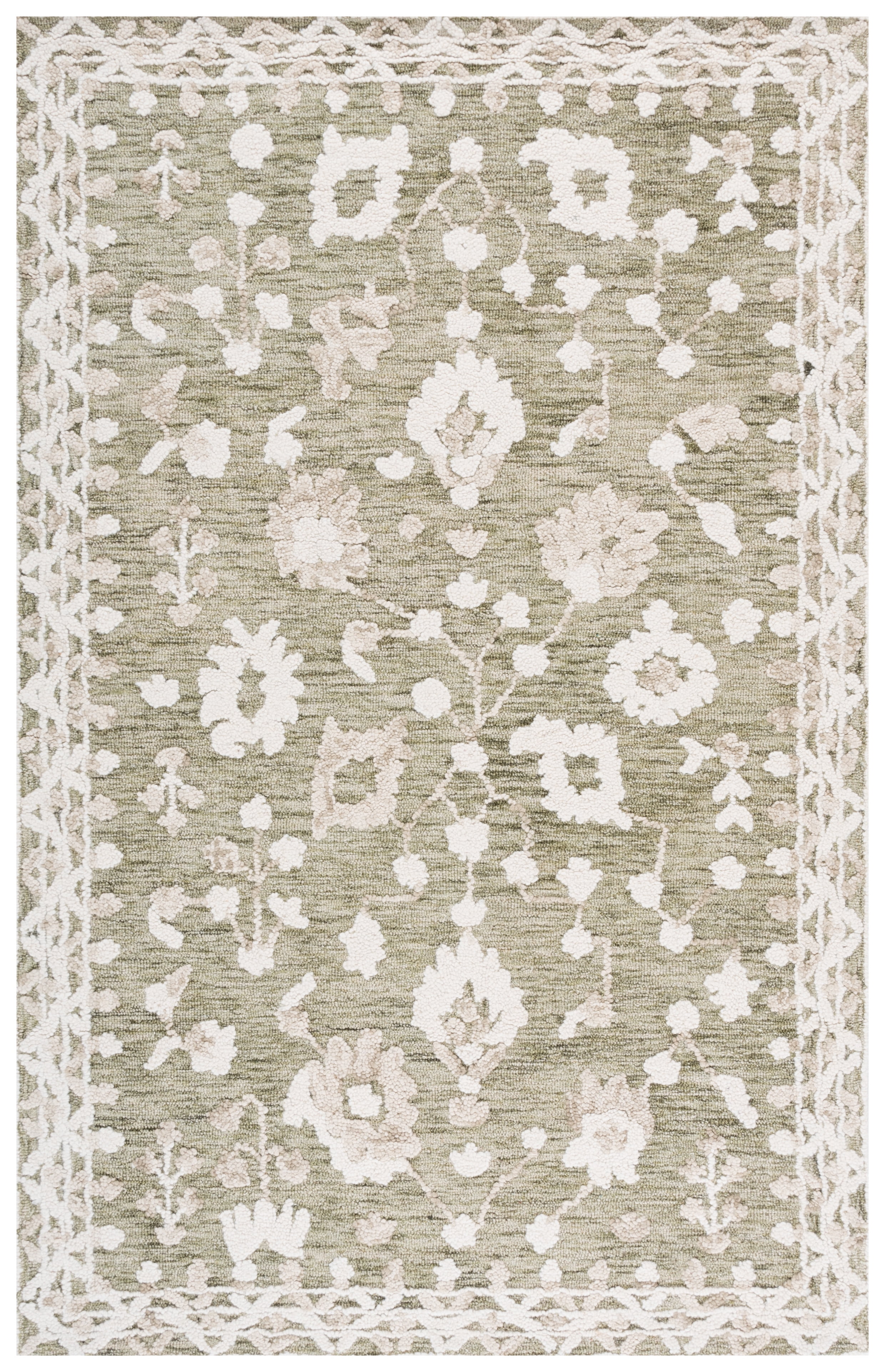 Ivory and Green Hand-Tufted Wool Round Area Rug