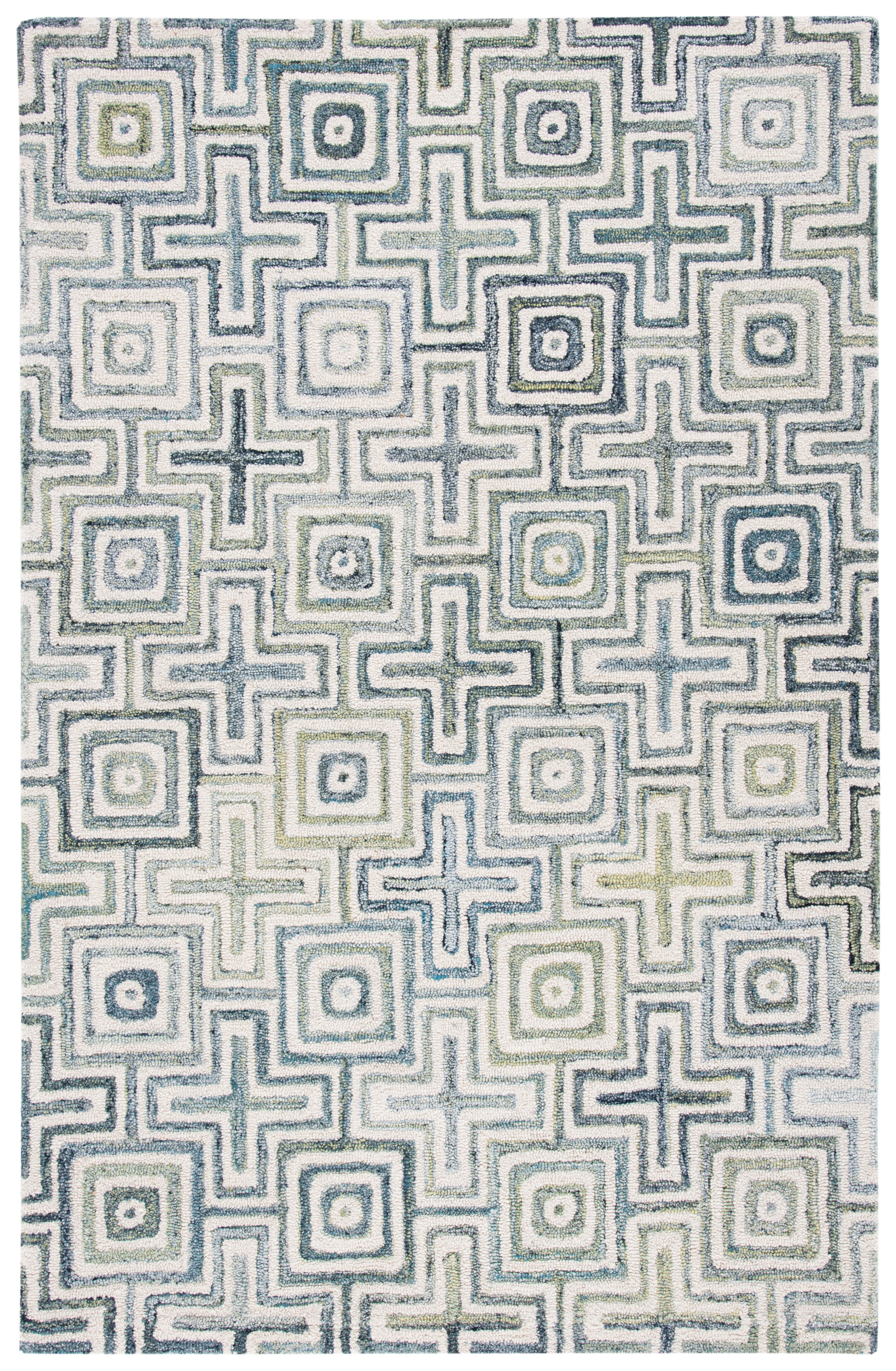 Ivory and Blue Geometric Hand-Tufted Wool Area Rug, 6' x 9'
