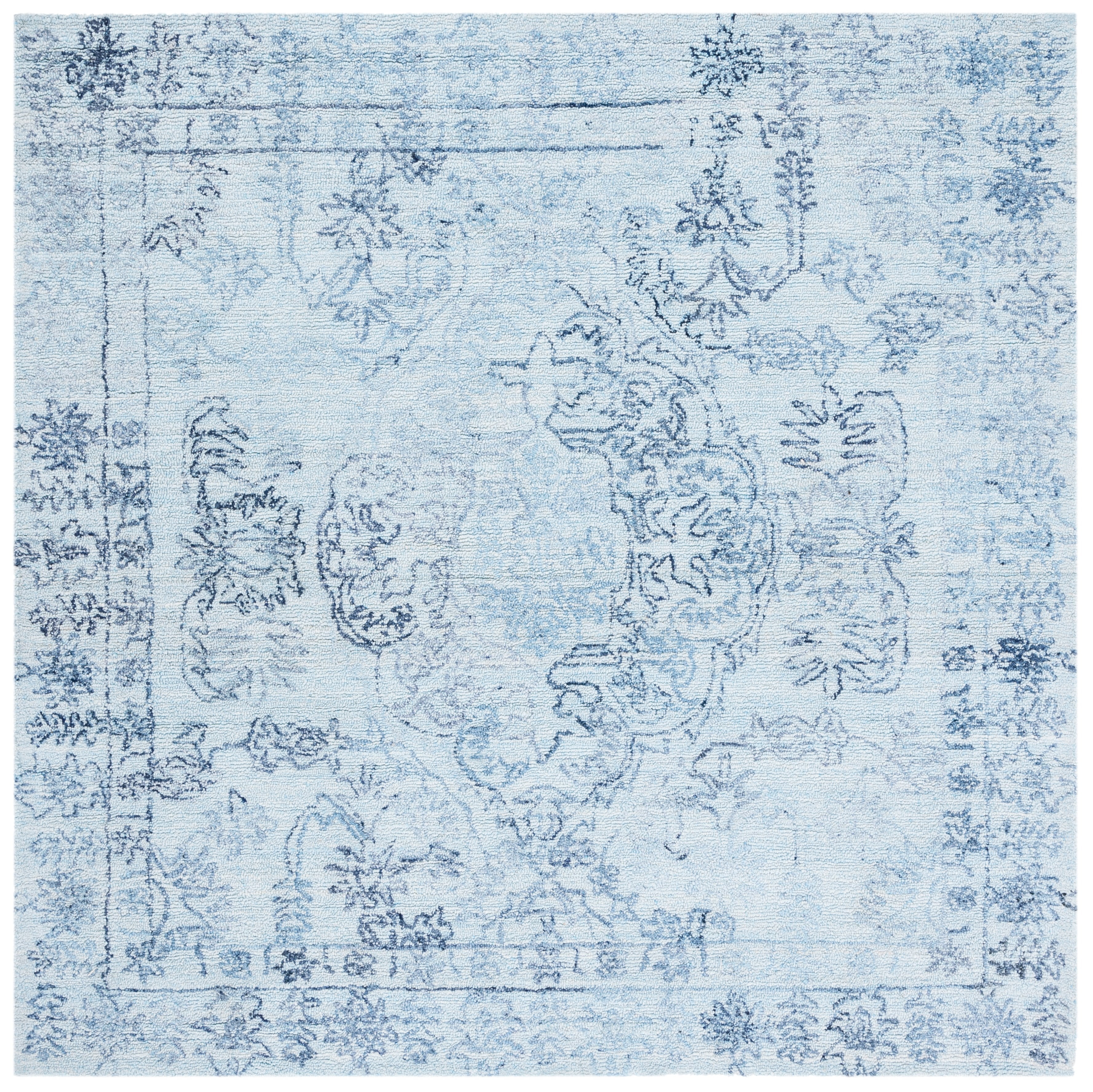 Light Blue Hand-Tufted Wool Square Area Rug, 6 x 6 ft