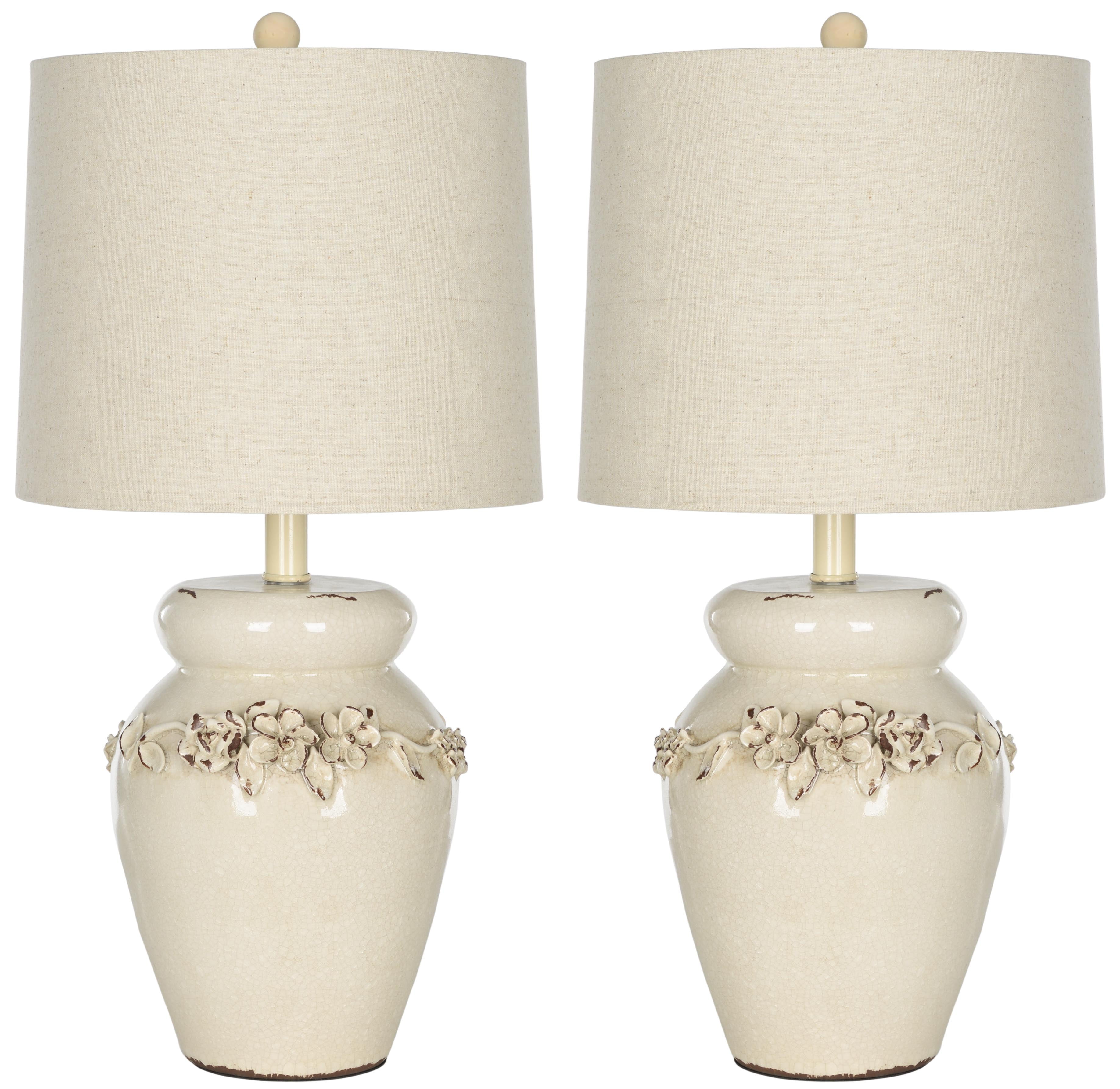 Tuscan Inspired Cream Ceramic Vase Table Lamp Set with Linen Shade