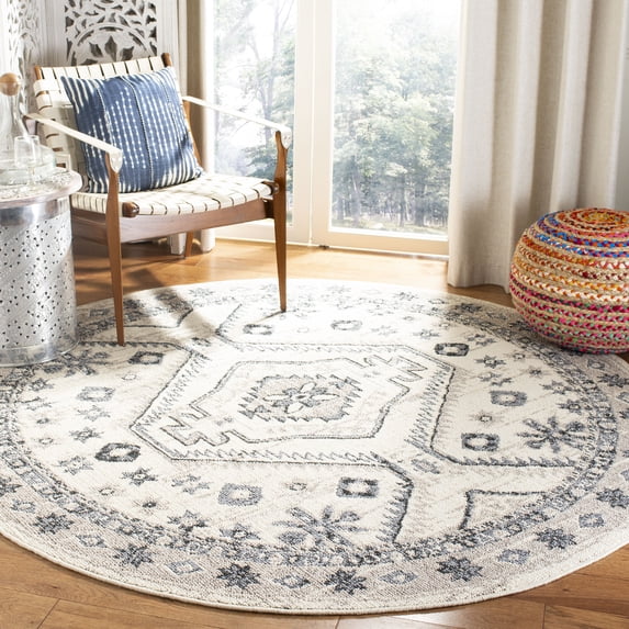 SAFAVIEH Marrakesh Antilla Southwestern Fringe Area Rug, Ivory/Grey, 6'7" x 6'7" Round