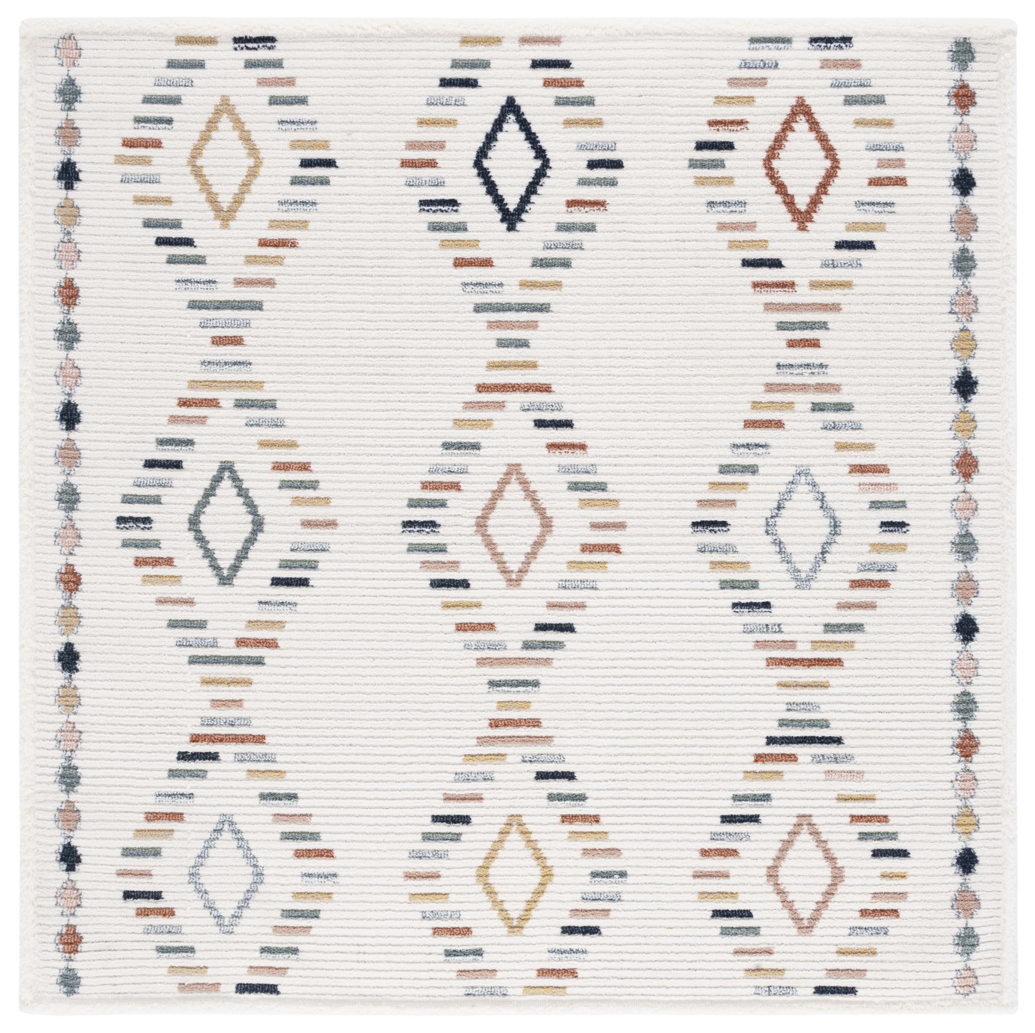 Ivory and Multicolor Square Wool and Synthetic Area Rug