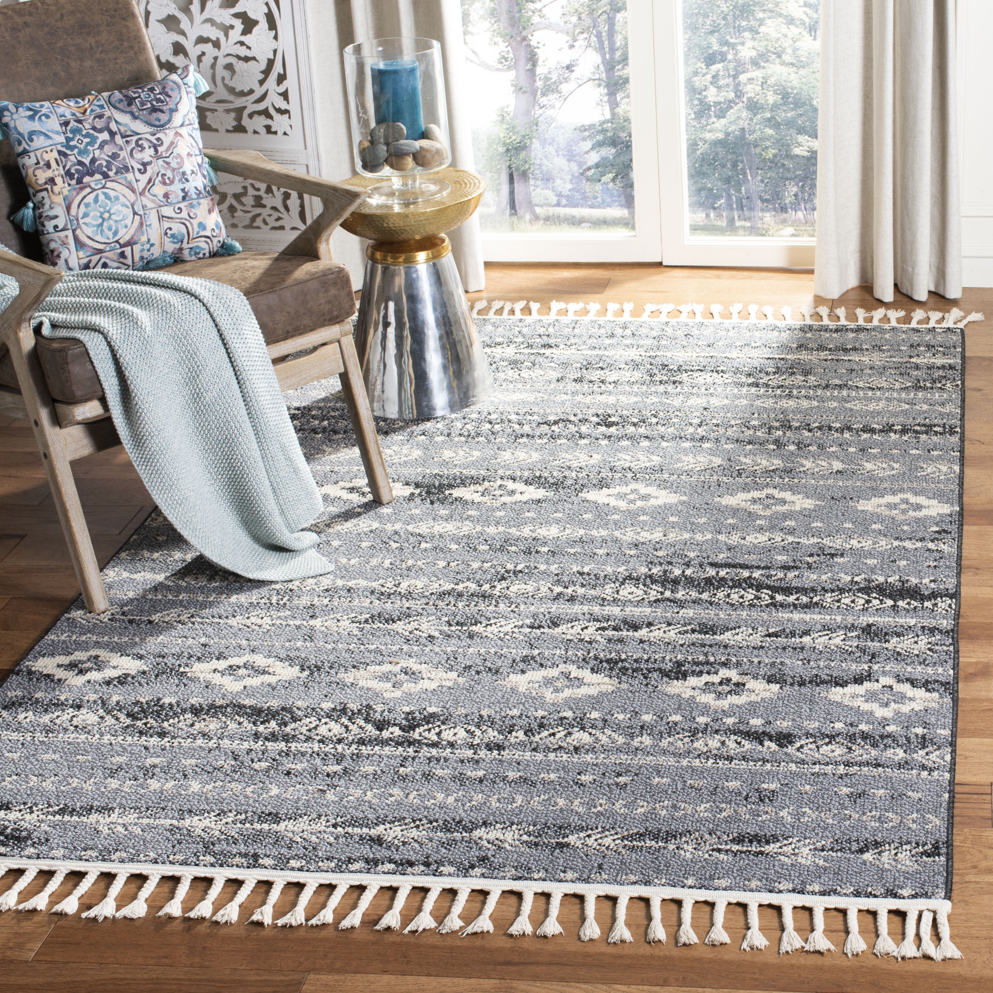 Handmade Navy and Grey Viscose Rectangular Area Rug