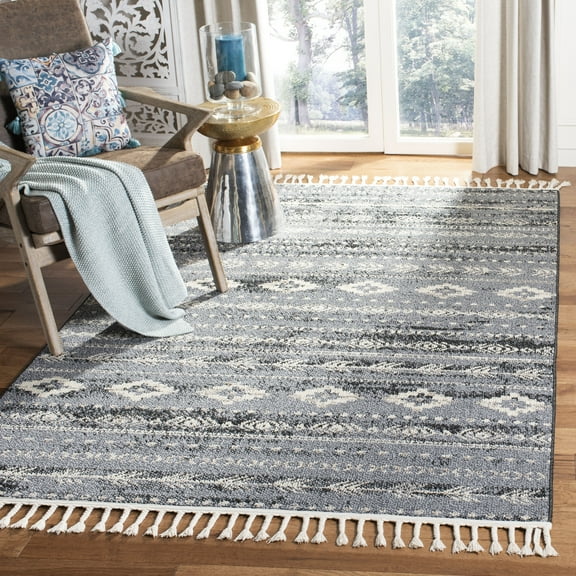 SAFAVIEH Marrakesh Earleen Southwestern Fringe Area Rug, Navy/Grey, 6'7" x 6'7" Square