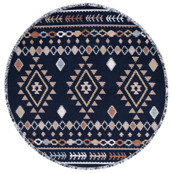 SAFAVIEH Marrakesh Lemoine Southwestern Polyester Area Rug, Navy/Multi, 6'7" x 6'7" Round