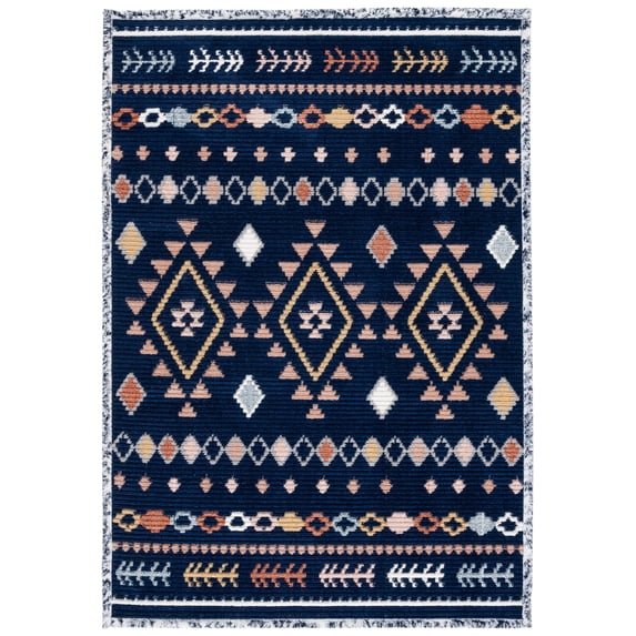 SAFAVIEH Marrakesh Lemoine Southwestern Polyester Area Rug, Navy/Multi, 8' x 10'