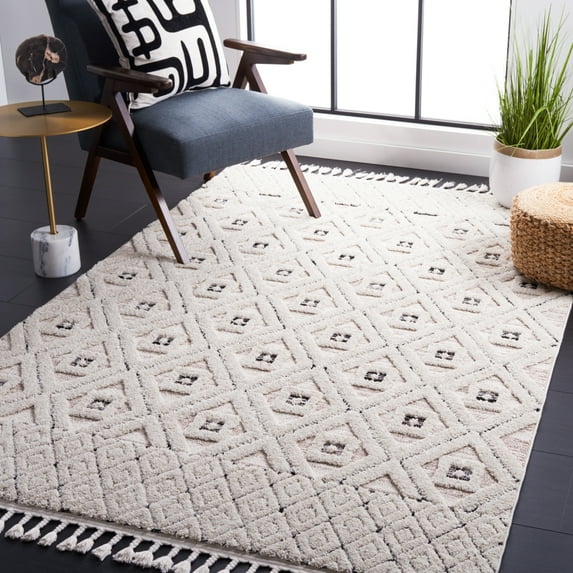 SAFAVIEH Marrakesh Mortimer Diamond Polyester Area Rug, Ivory/Grey, 9' x 12'
