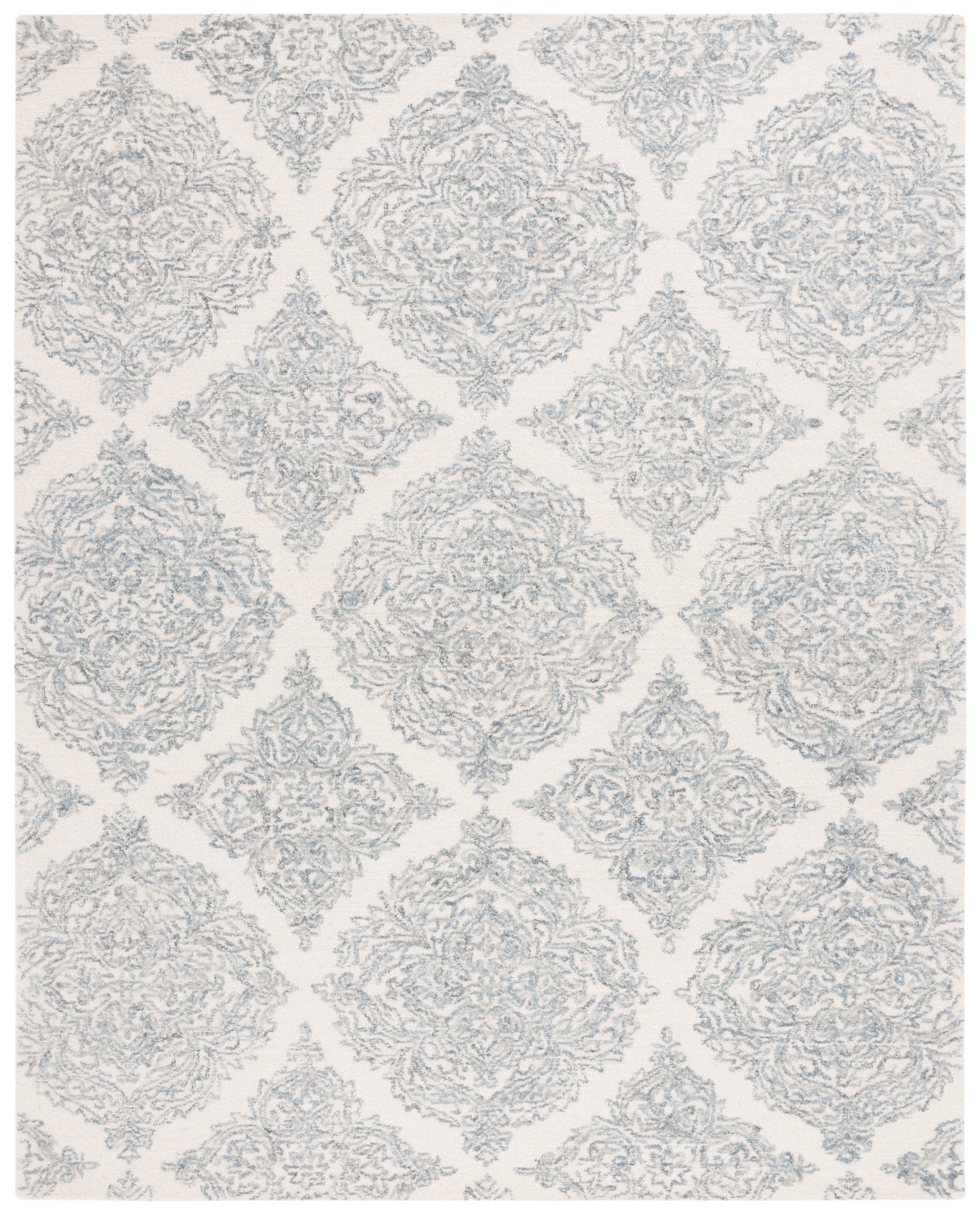 Ivory and Blue Wool Trellis Handmade Tufted Area Rug, 5' x 8'