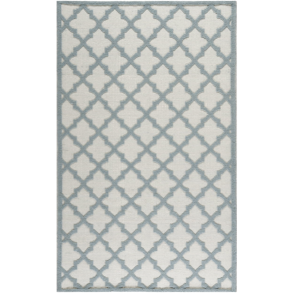 Ivory and Light Blue Geometric Wool Area Rug, 5' x 8'