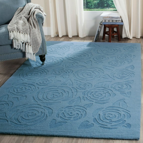 SAFAVIEH Martha Stewart Block Print Rose Floral Wool Area Rug, Thistle Blue, 4' x 6'