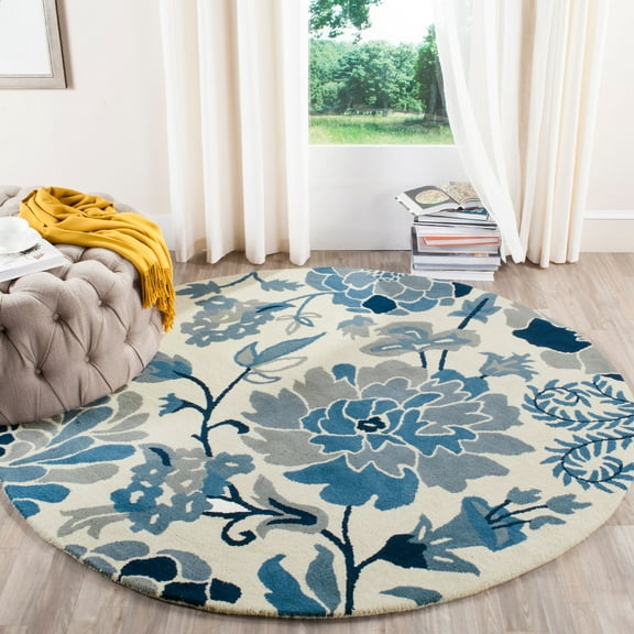 SAFAVIEH Martha Stewart Blue Field Floral Area Rug, Azurite, 4' x 4' Round