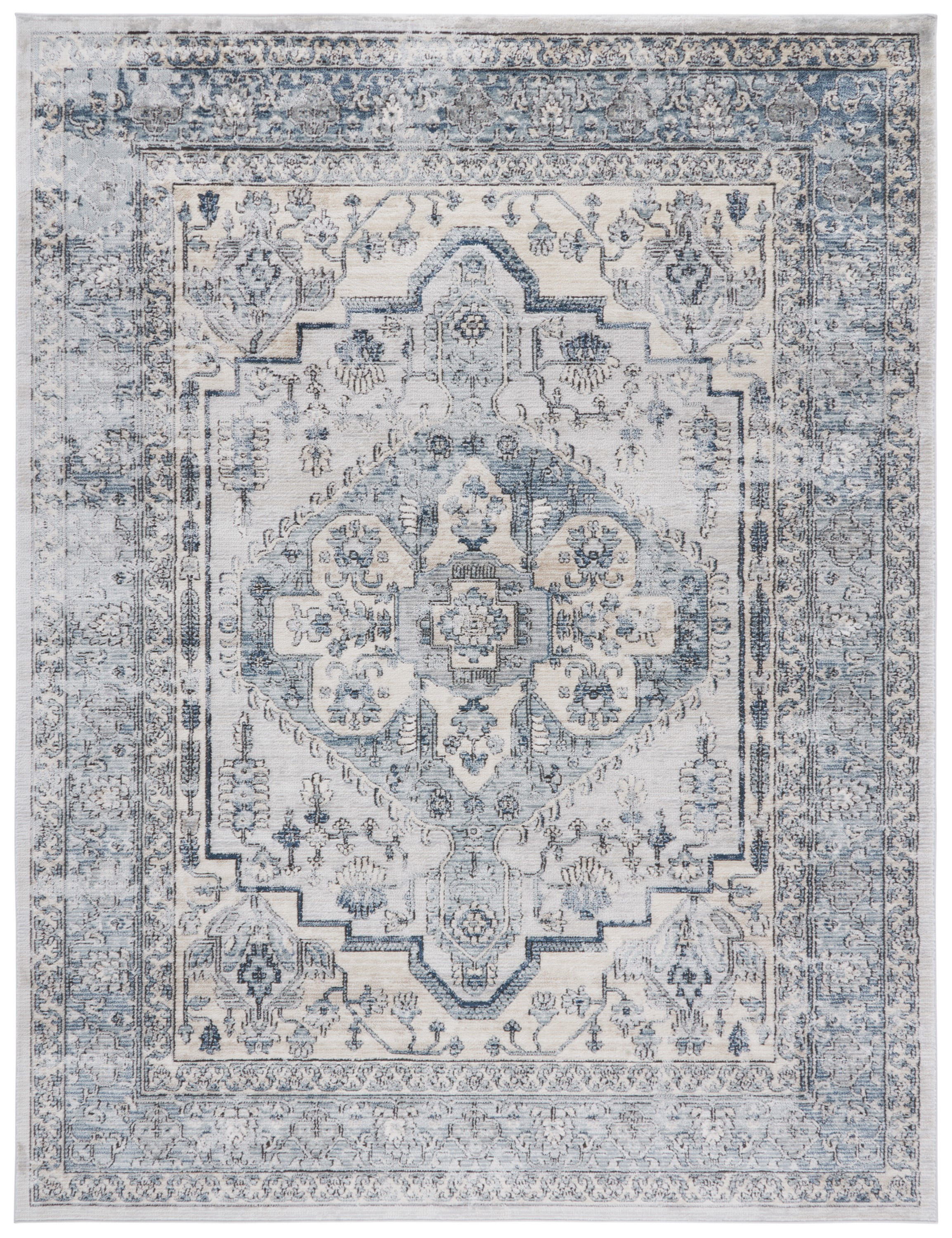 Ivory and Light Blue Hand-Knotted Rectangular Rug 8' x 10'