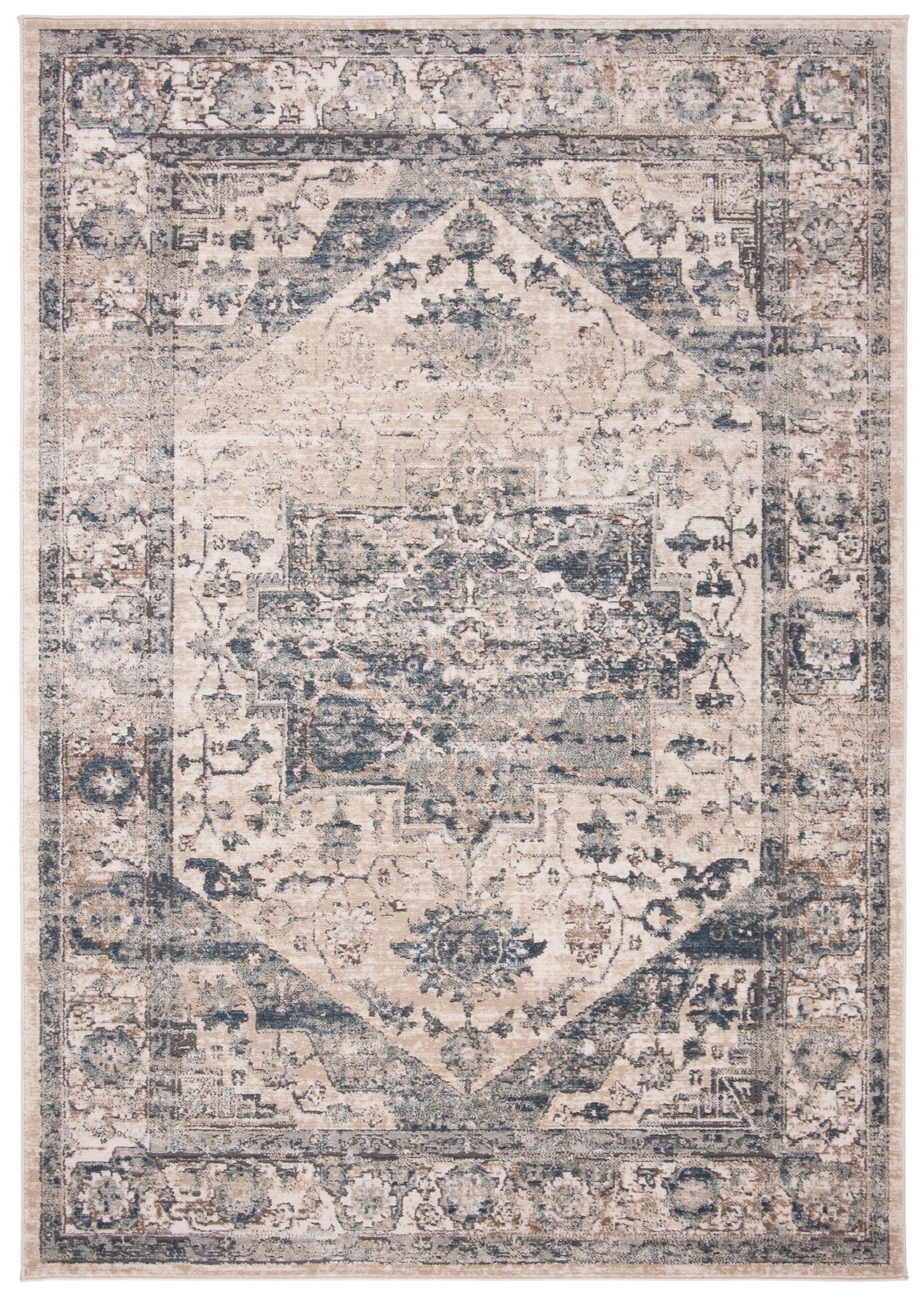 Ivory and Blue 10' x 14' Synthetic Stain-Resistant Rectangular Area Rug
