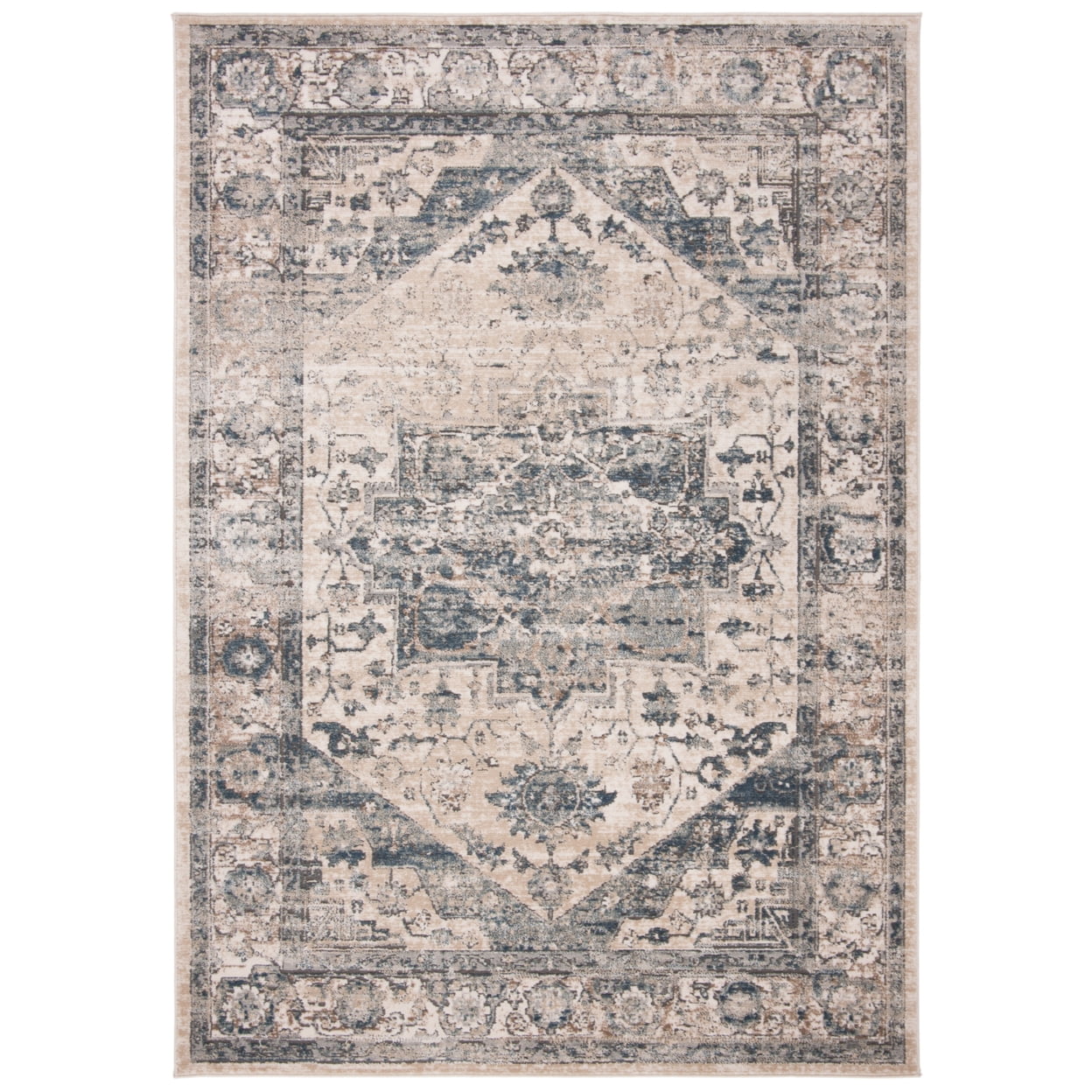 Ivory Blue Hand-Knotted Synthetic 6'7" x 9' Area Rug