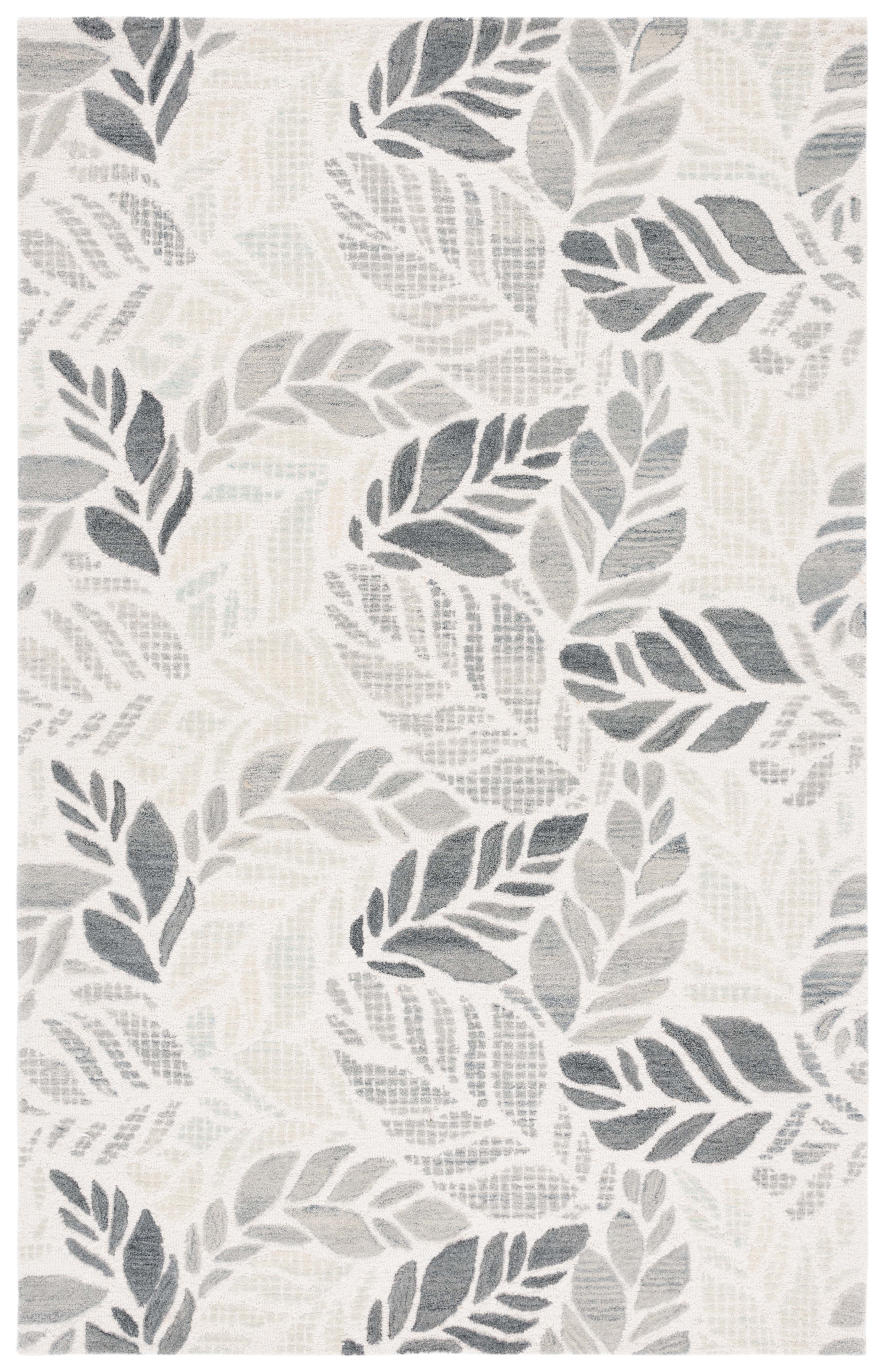 Ivory and Grey Hand-Tufted Wool Botanical Area Rug, 3' x 5'