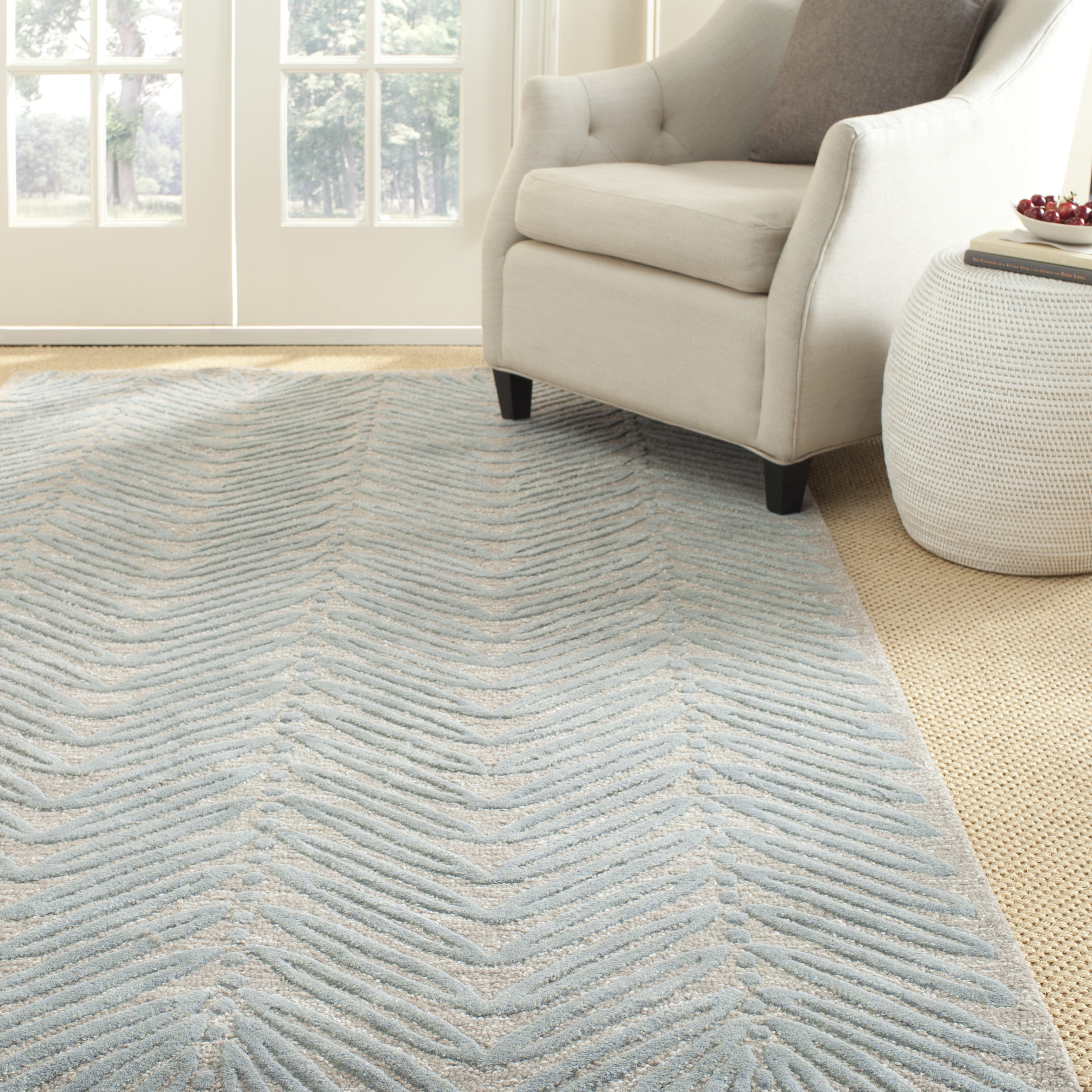 Handmade Blue Stripe Wool and Silk Tufted Rug