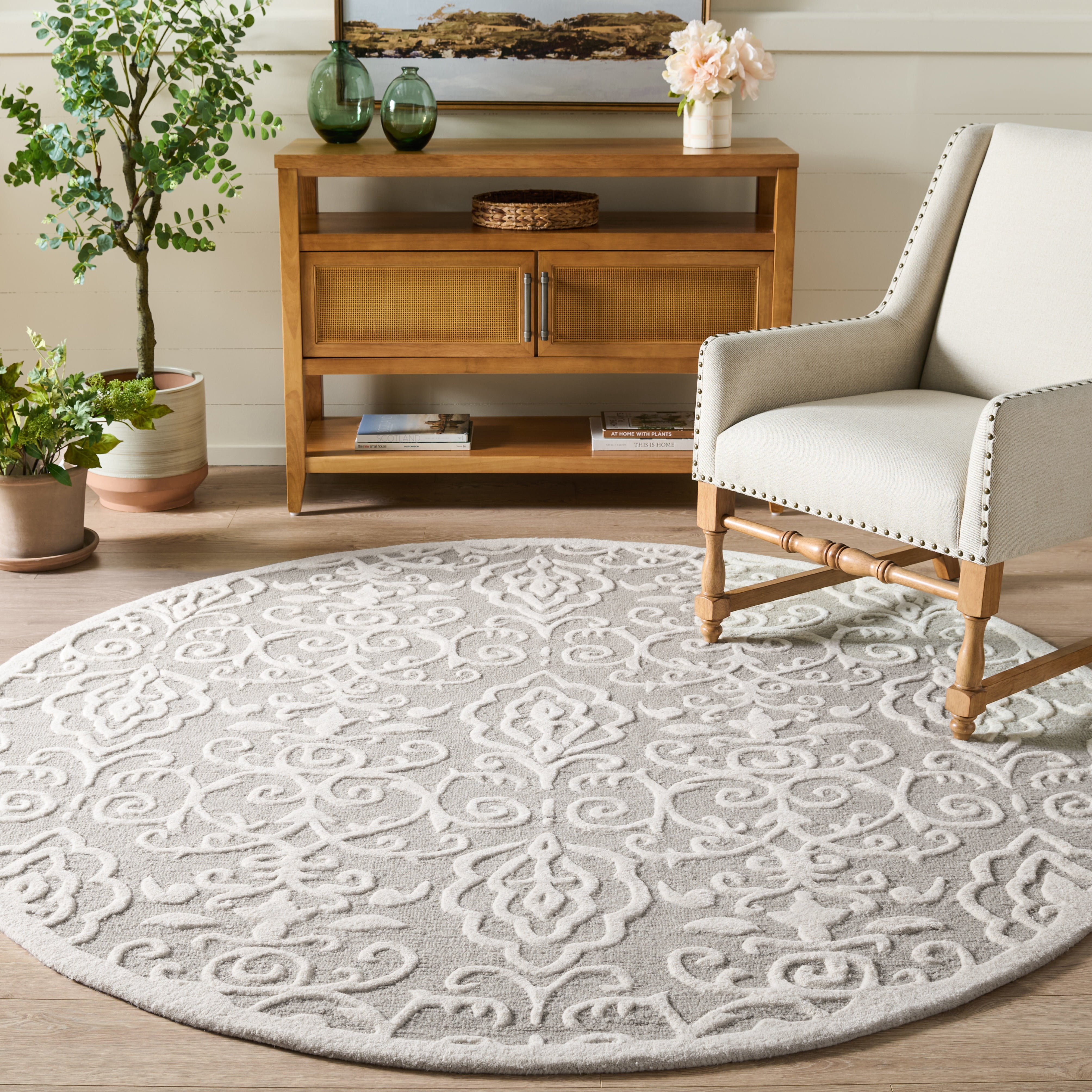 Safavieh Martha Stewart Marais Geometric Damask Area Rug, Whetstone Gray, 7' x 7' Round