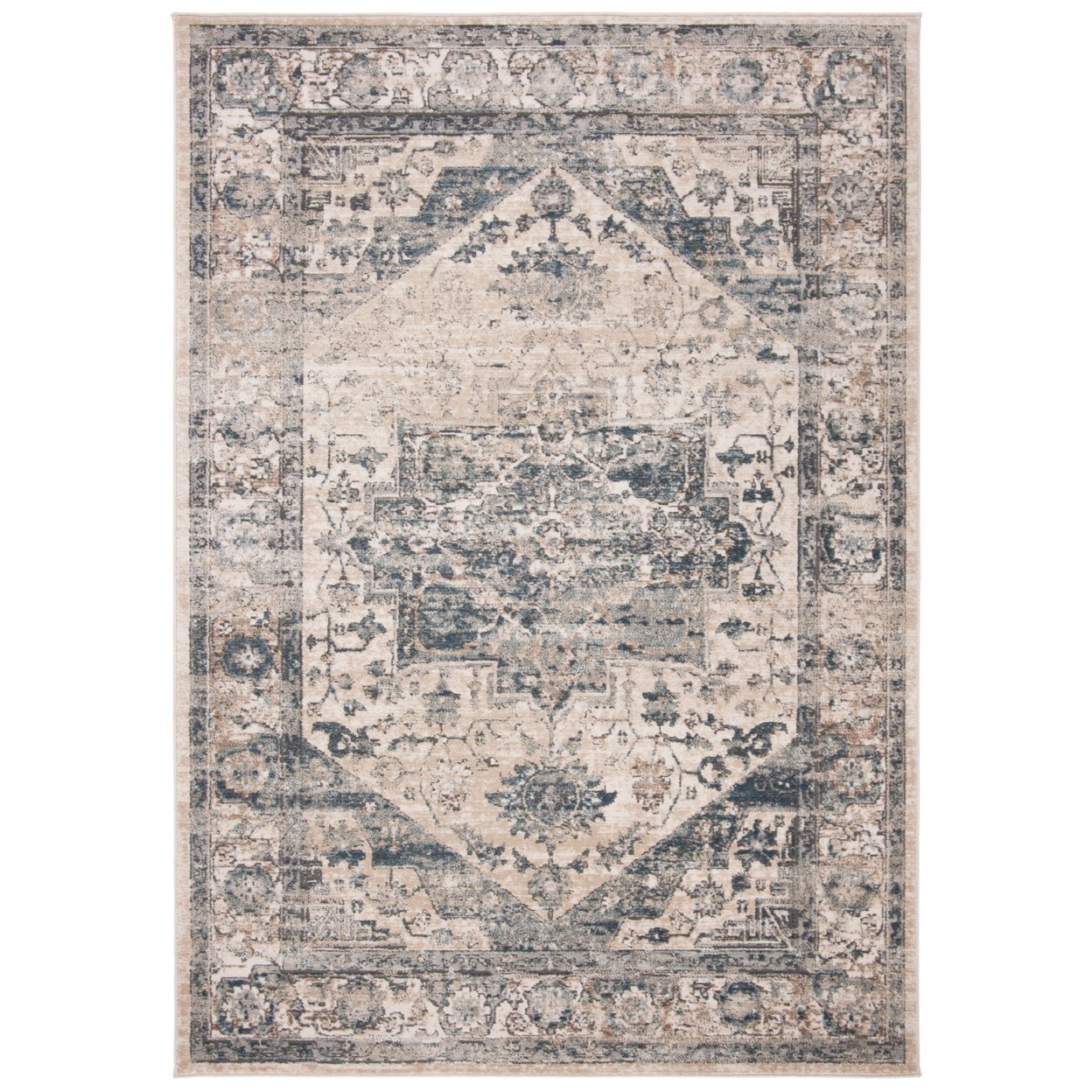 Ivory and Blue Hand-knotted Wool Square Rug