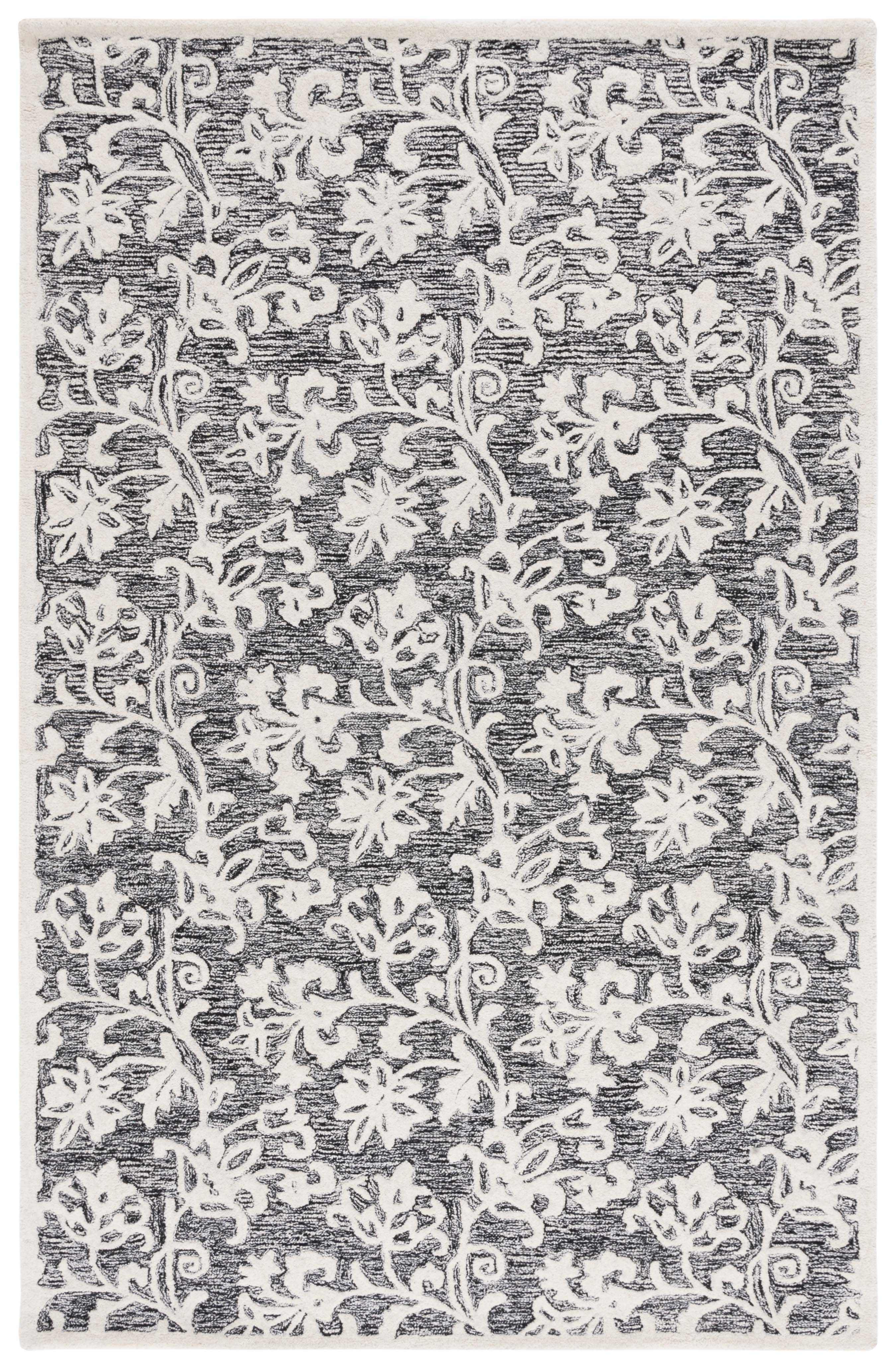 Black and Ivory Floral Hand-Tufted Wool Area Rug