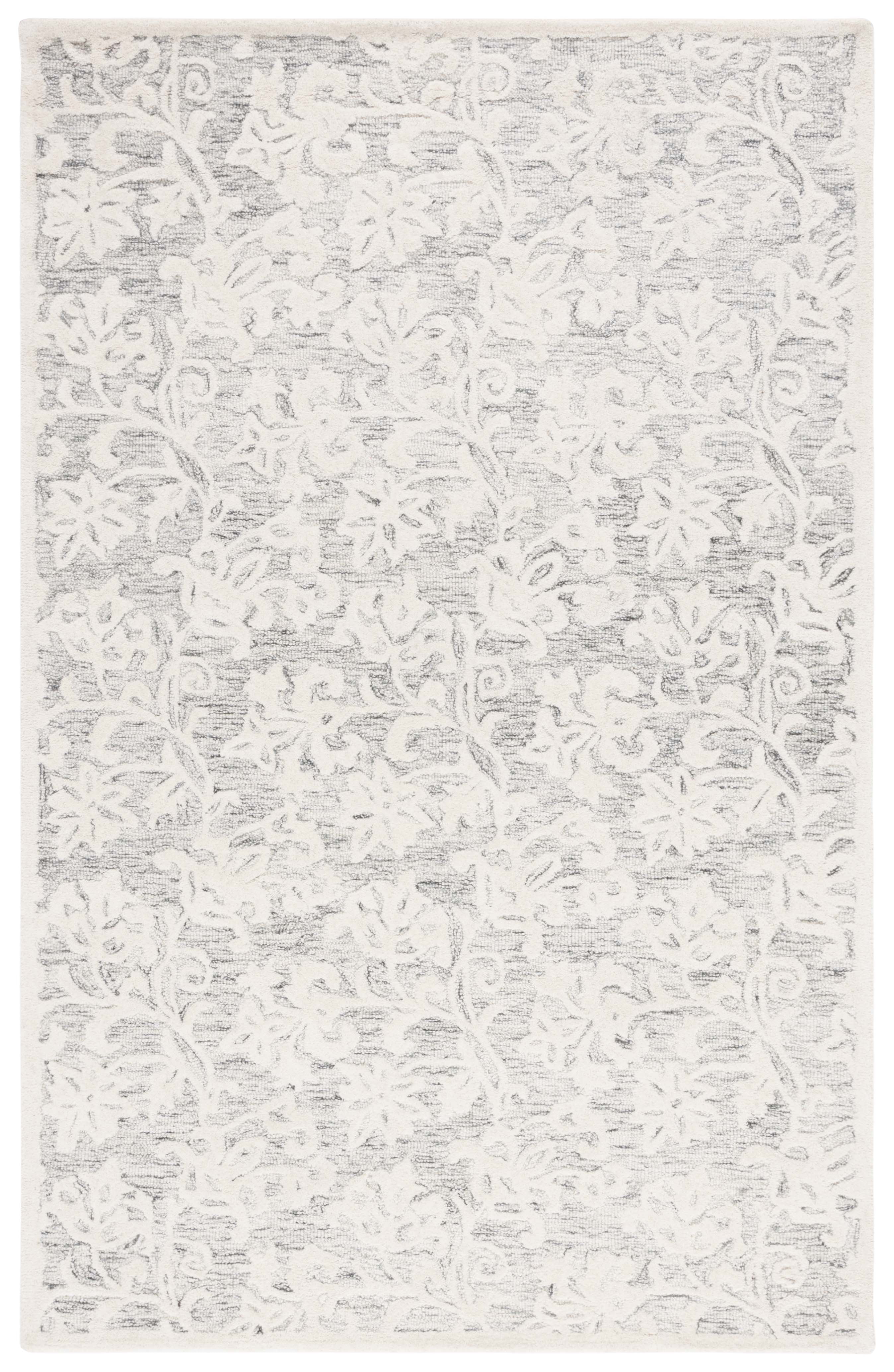 Grey and Ivory Hand Tufted Wool Floral Area Rug