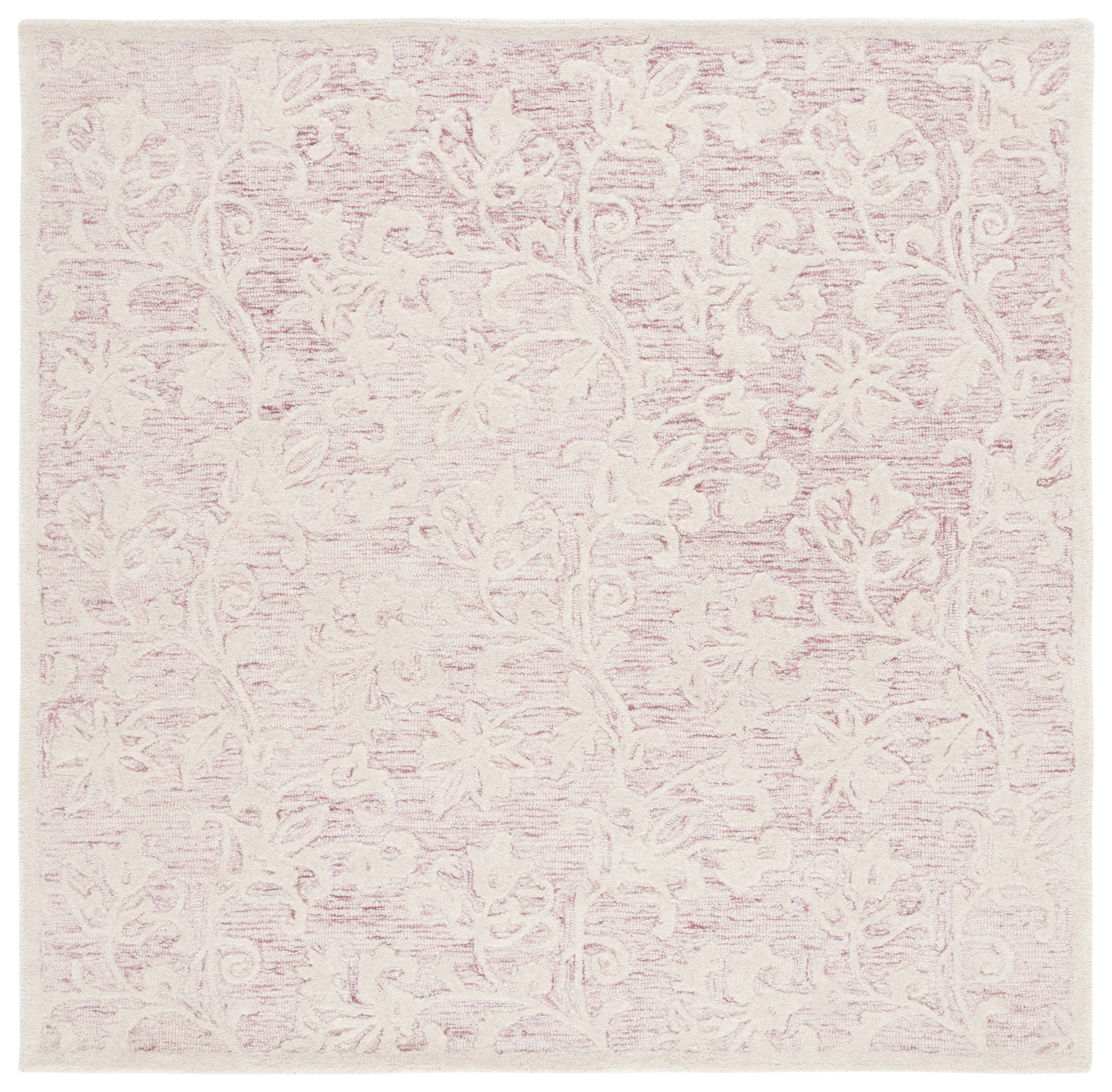 Handmade Pink and Ivory Floral Wool Tufted Square Rug