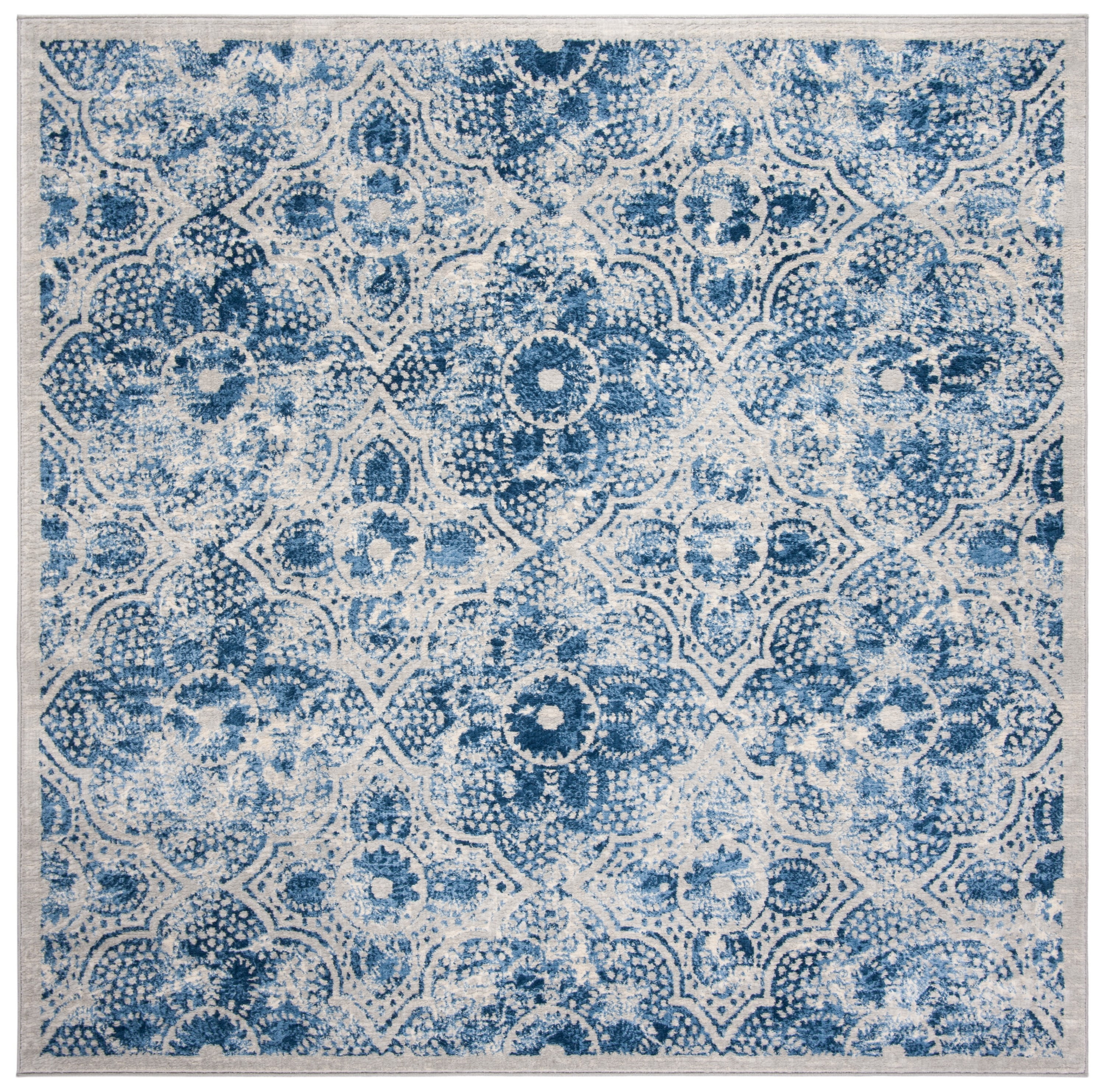Hand-knotted Cream and Blue Wool Square Area Rug