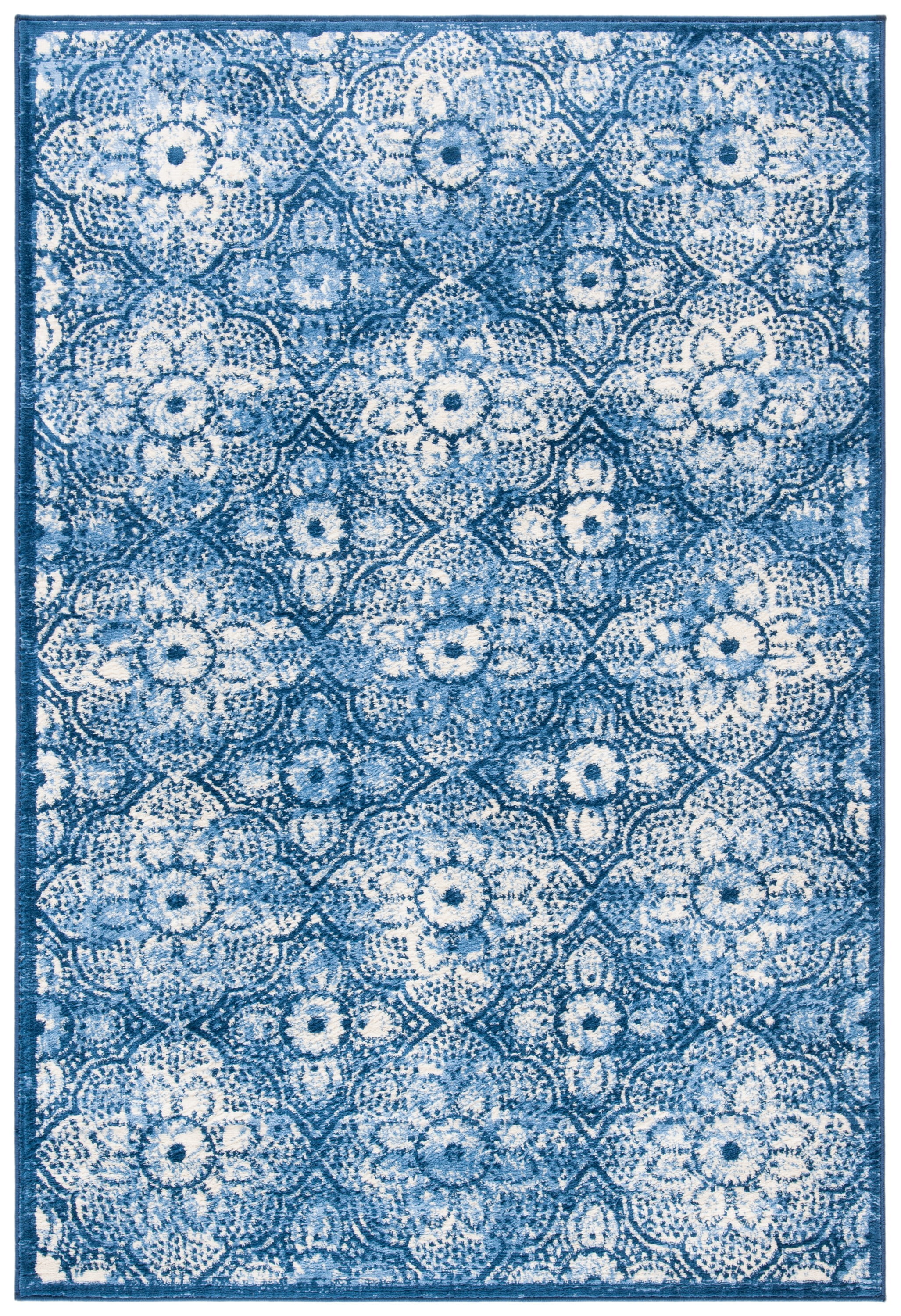 Navy and Cream Floral Tufted Wool Area Rug 4' x 6'