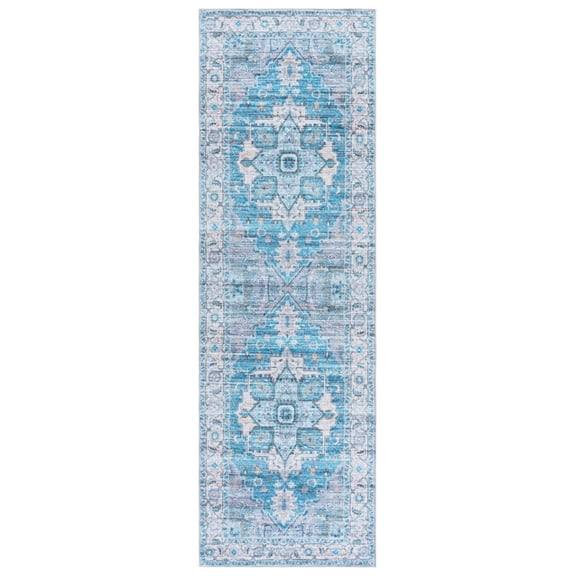 SAFAVIEH Martha Stewart Norbert Medallion Machine Washable Runner Rug, Grey/Turquoise, 2' x 5'