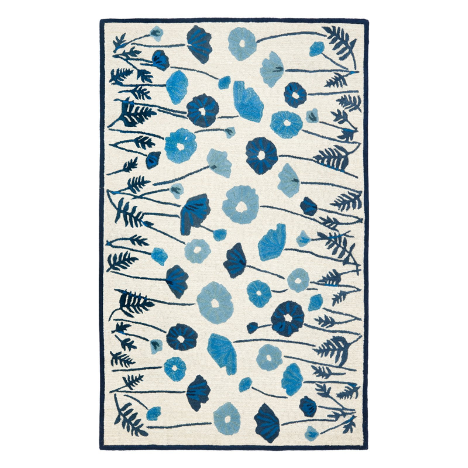 Blue Floral Handmade Wool and Viscose 4' x 6' Tufted Rug