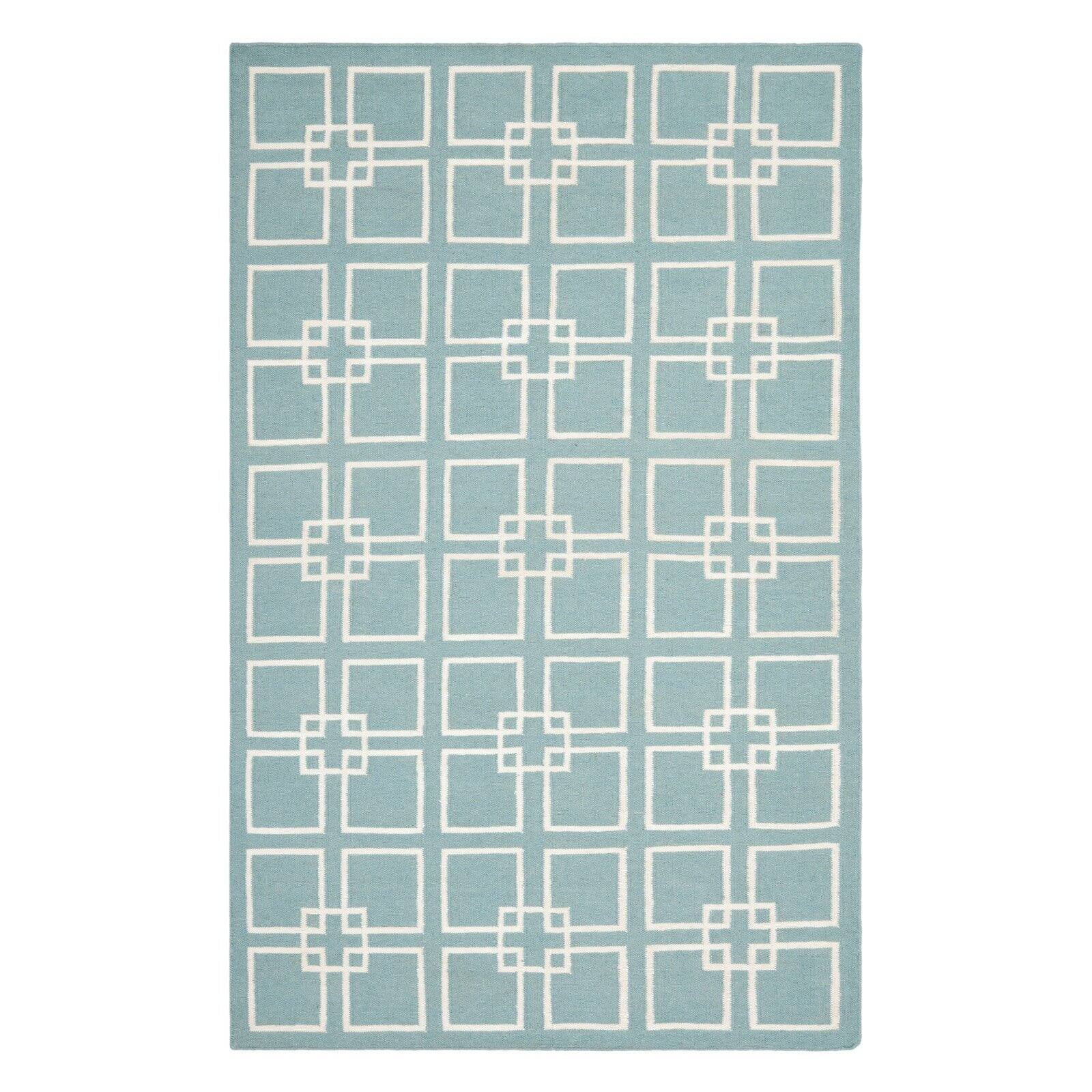 Geyser Blue Geometric Square Dance Wool & Silk 6'x9' Area Rug