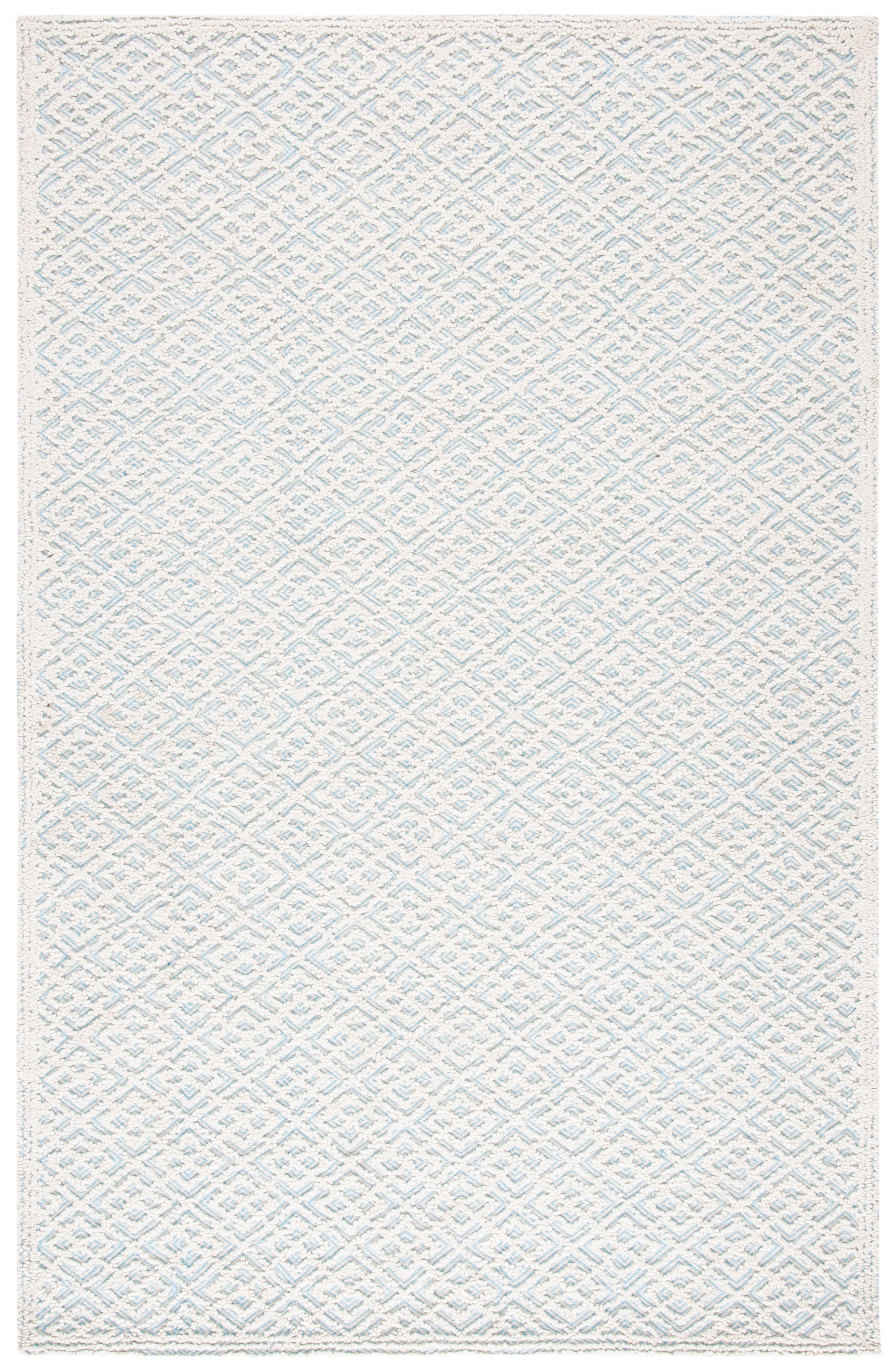 Ivory and Blue Geometric Hand Tufted Wool Rug, 4' x 6'