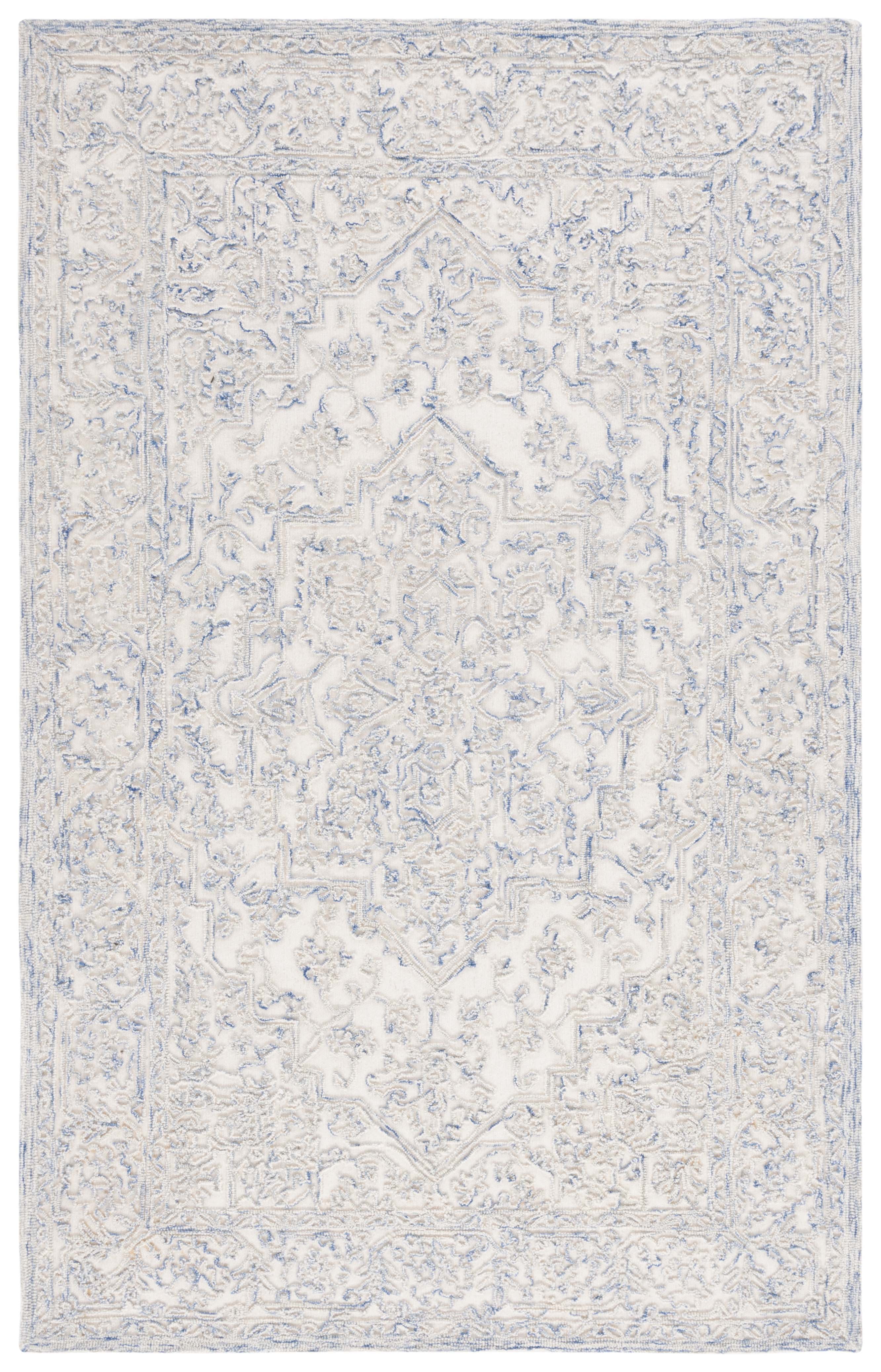 Ivory and Blue Hand-Tufted Wool Area Rug, 3' x 5'