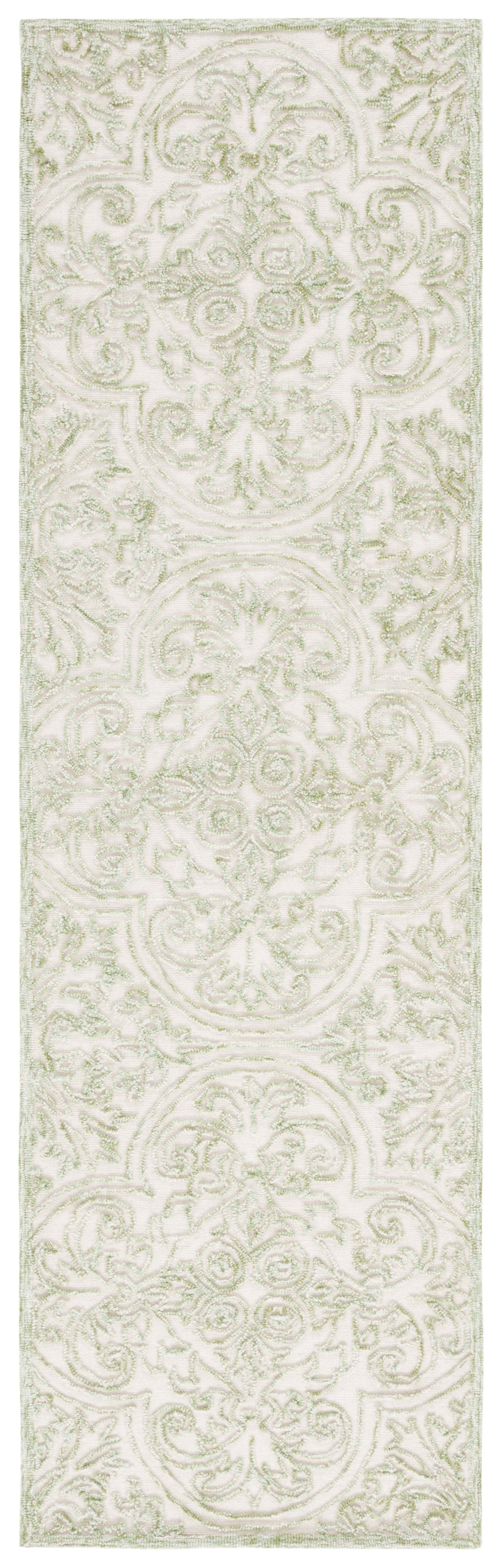 Ivory and Green Tufted Wool Runner Rug