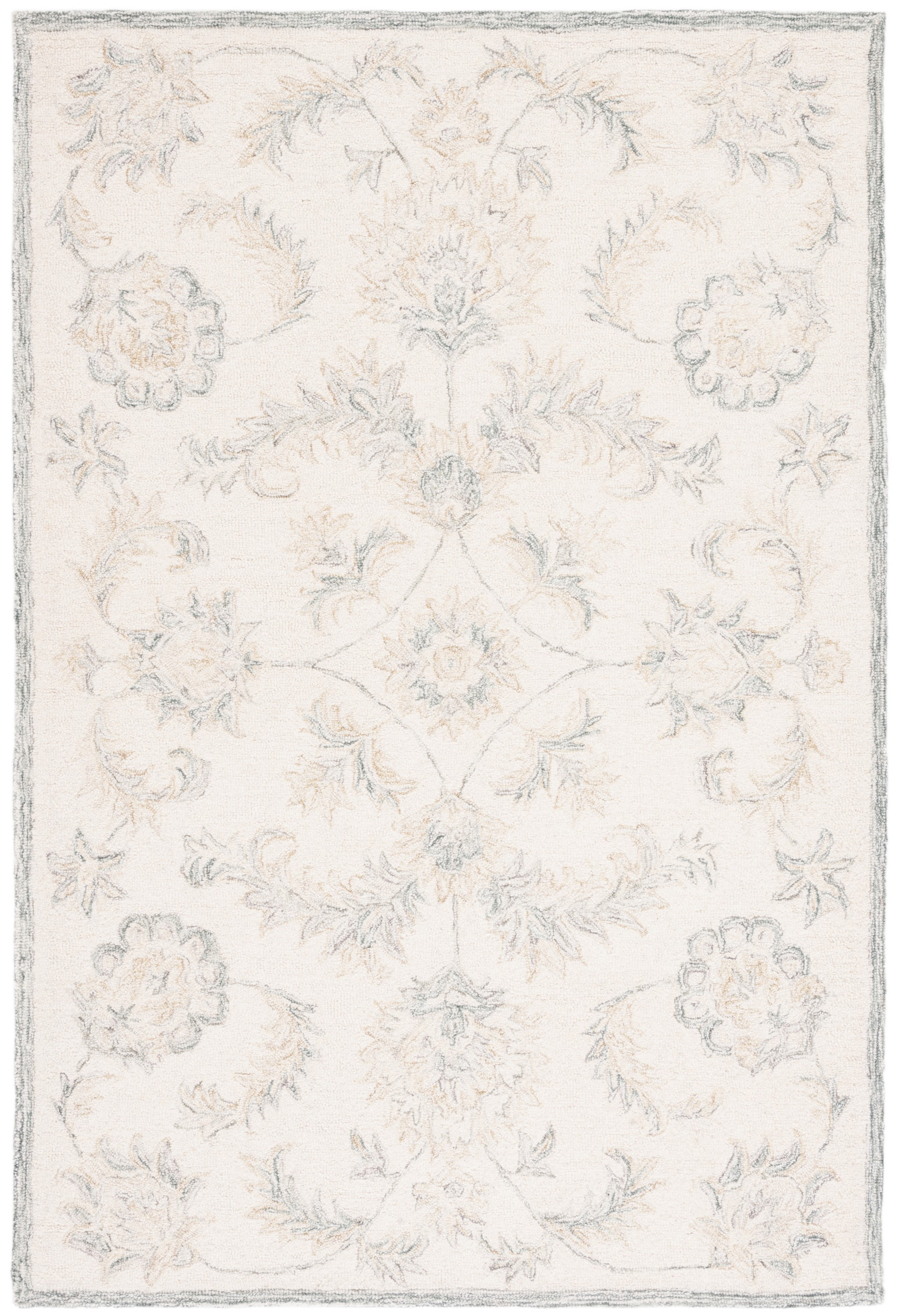 Ivory and Sage Floral Handmade Wool Tufted Area Rug, 3' x 5'