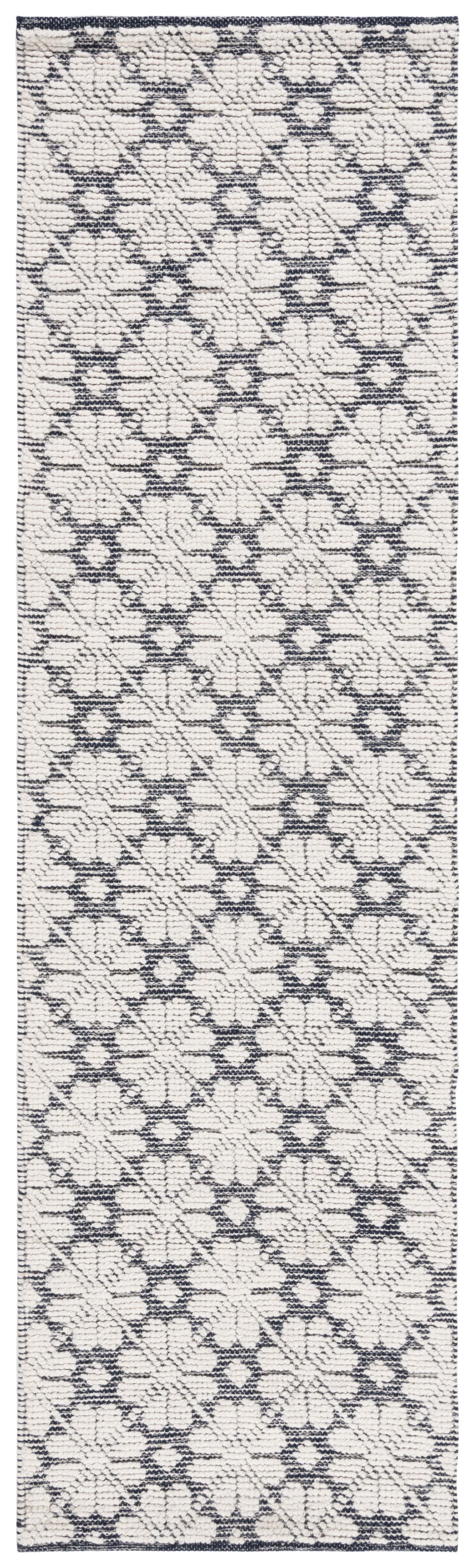 Ivory & Navy Handwoven Wool-Cotton-Silk Blend Runner Rug