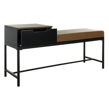 SAFAVIEH Maruka Upholstered Bench with Pull-Out Drawer, Lt Brown/Black